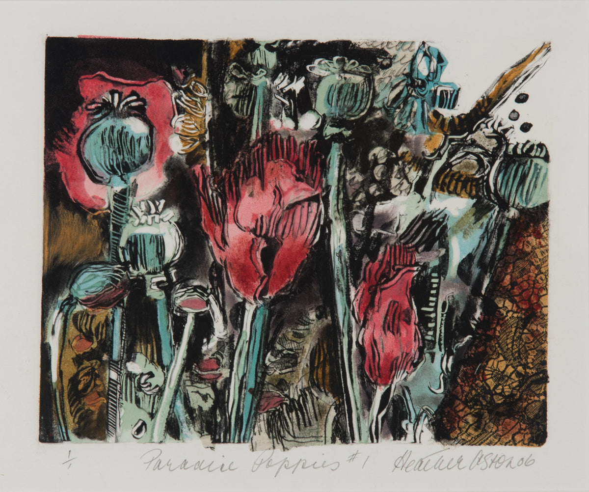 Heather Aston, Paradise Poppies #1, 2006. Red flowers with green stems against a dark brown background.