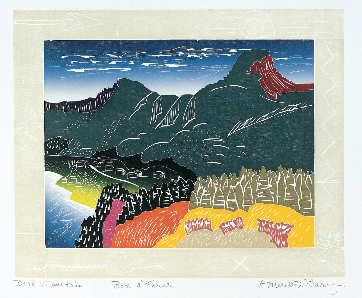 Anne Meredith Barry, Dark Mountain, 1999. Mountainscape near a body of water against a dark blue sky with the forest in the foreground.