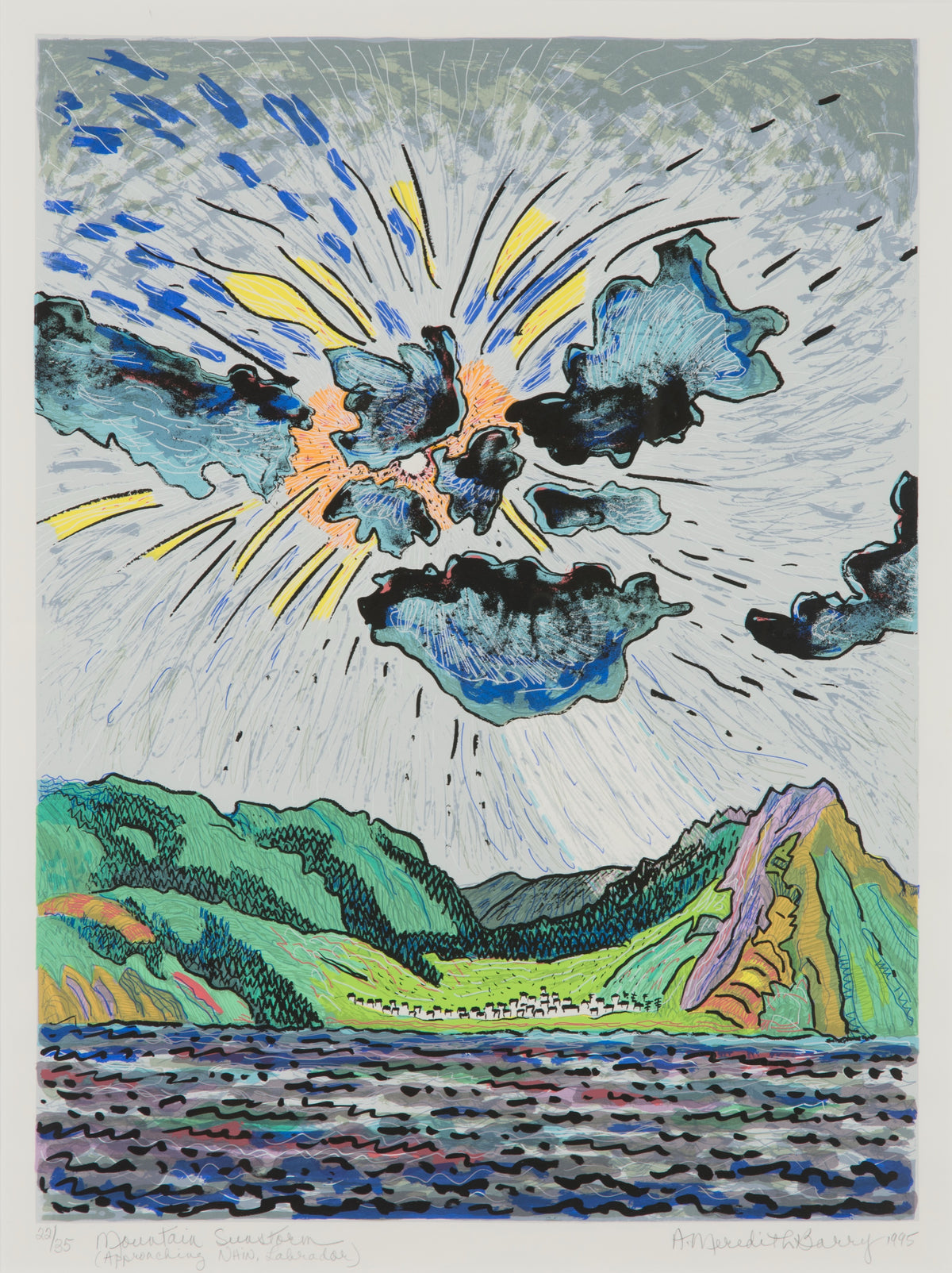 Anne Meredith Barry, Mountain Sun Storm, 1995. Seascape with mountains in the background with against a cloud day with a shining sun, hiding behind the clouds.