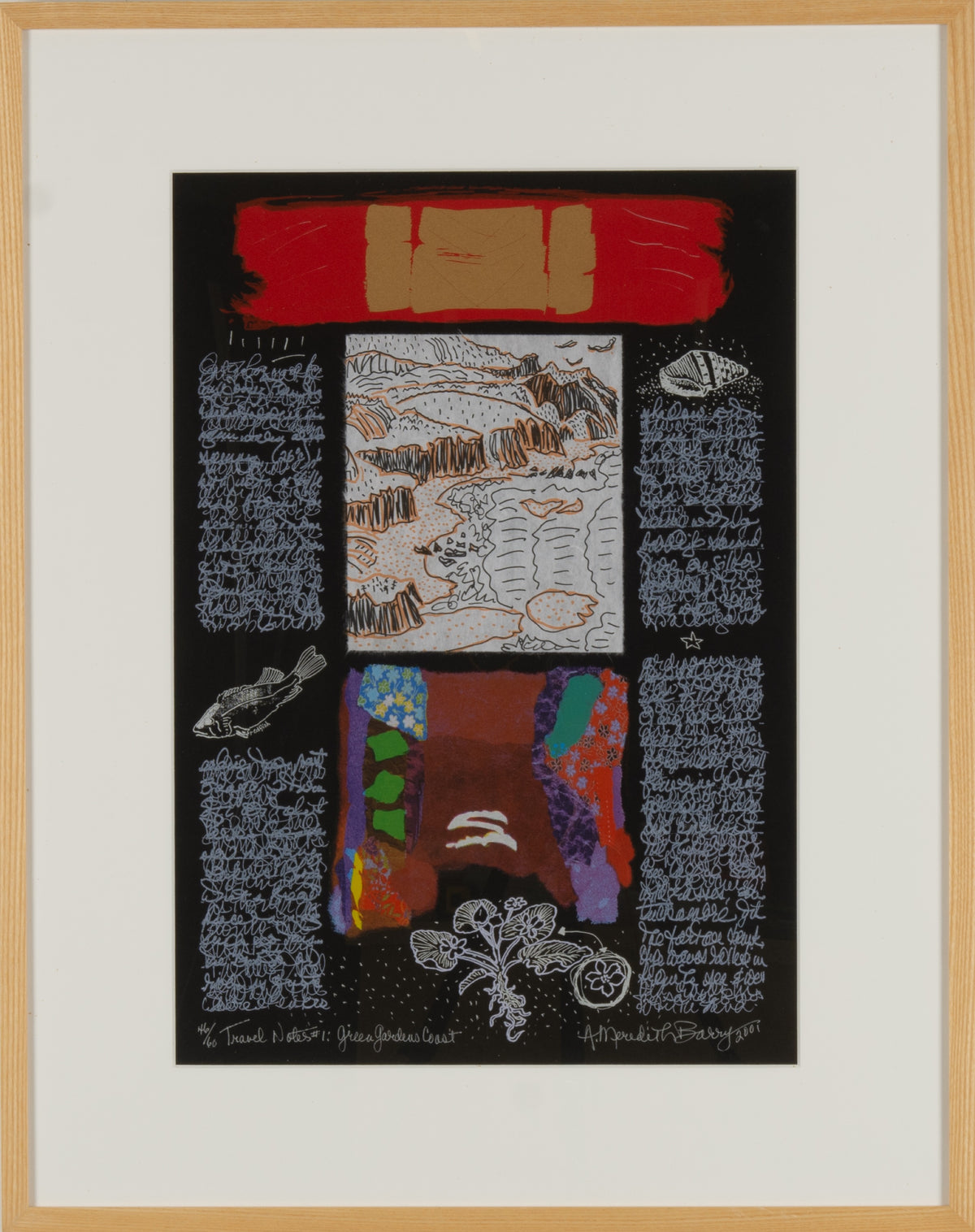 Anne Meredith Barry, Travel Notes #1 - Green Garden Coast, 1932-2003. Two images in the center, placed vertically on top on each other, with white text along the side against a black background with a large title on top.