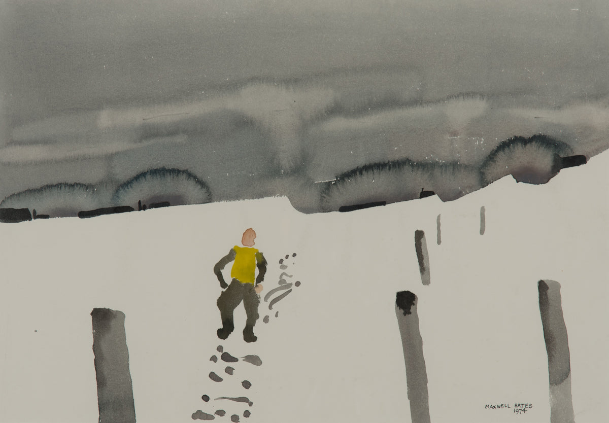 Maxwell Bennett Bates, Man Walking in Snow, 1974. Abstract painting of a man against a snowy landscape.