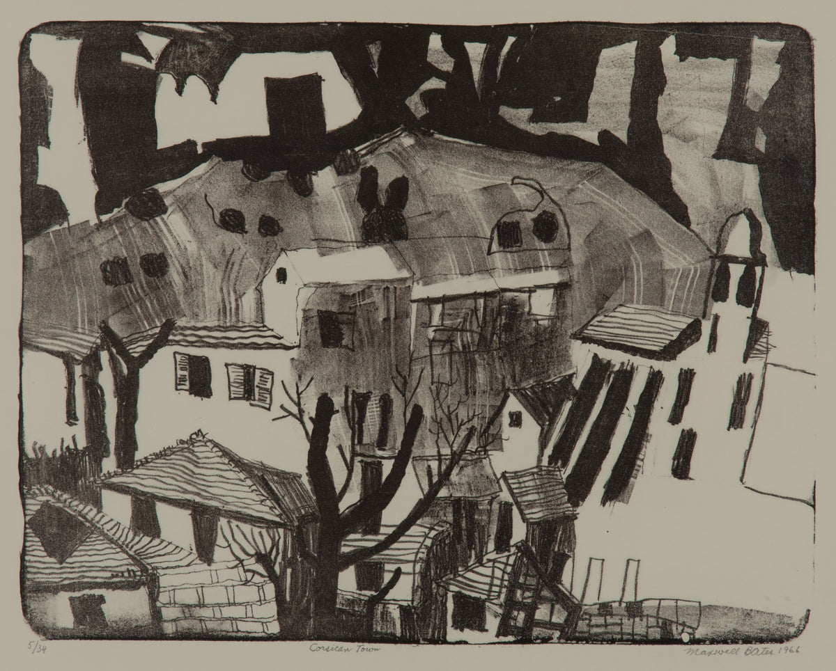 Maxwell Bennett Bates, Corsican Town, 1966. Abstracted black and white of architecture.