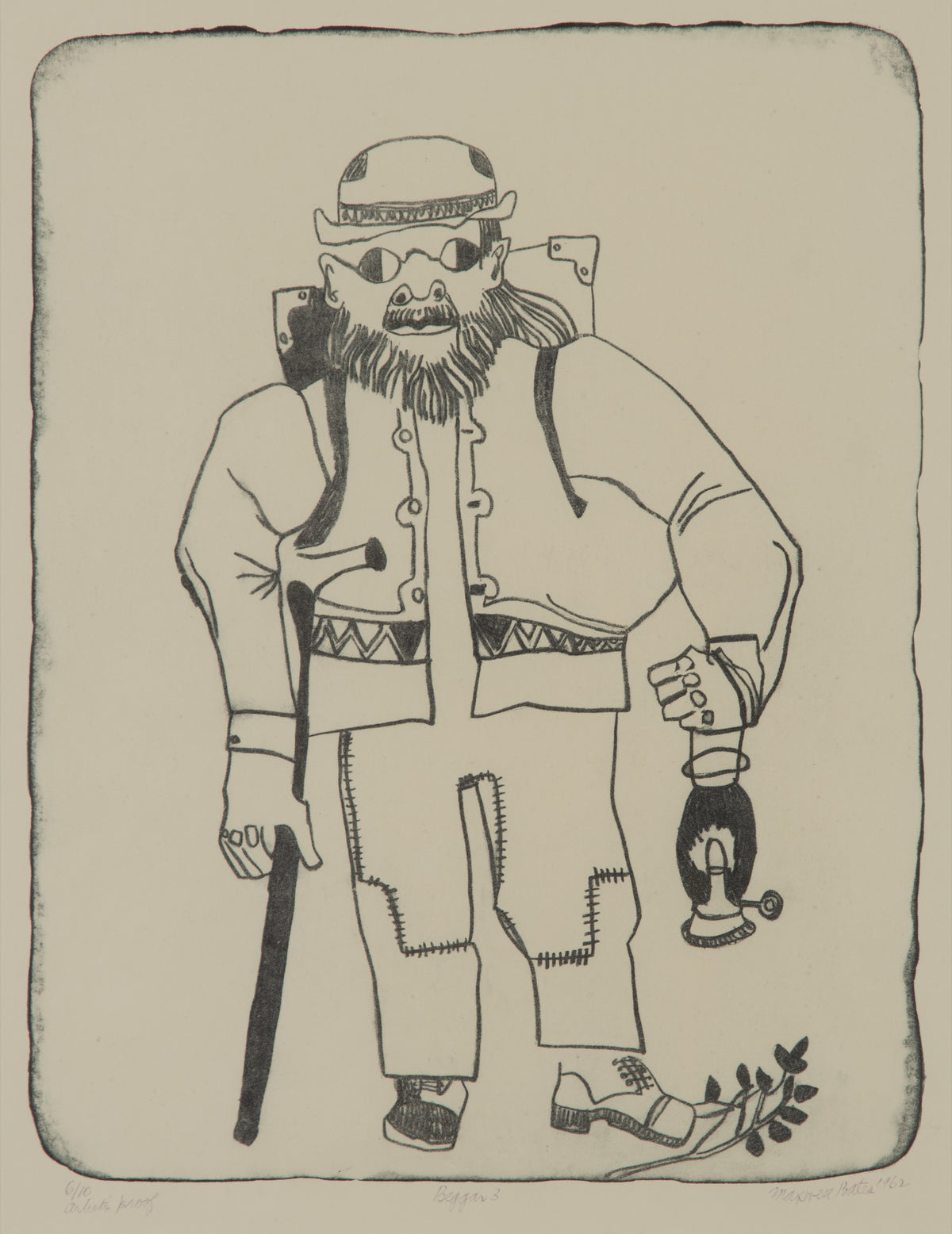 Maxwell Bennett Bates, Beggar 3, 1962. Abstracted black and white line drawing of a human figure.