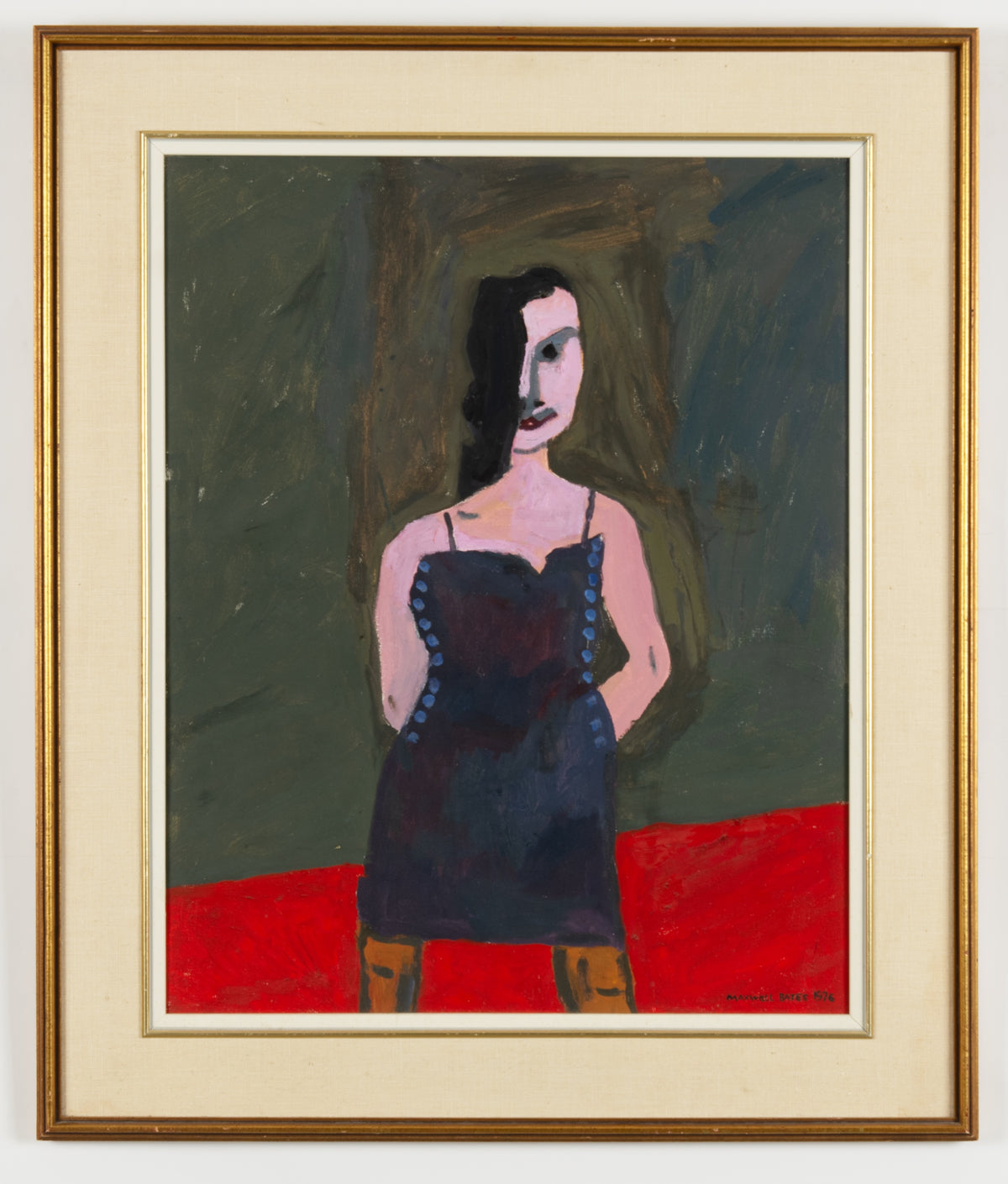 Maxwell Bennett Bates, Female Figure, 1976. Abstracted image of a woman wearing a black against a black background.