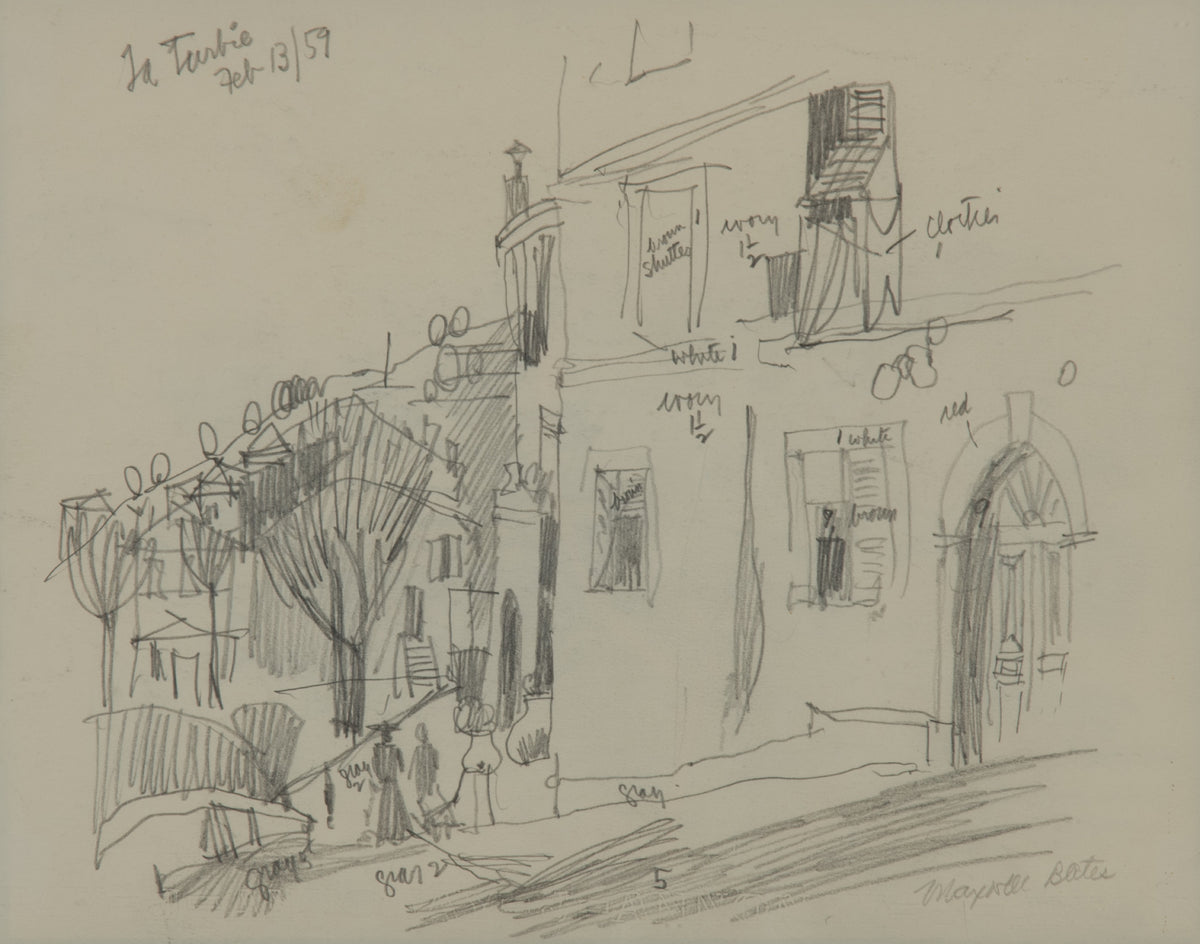 Maxwell Bennett Bates, La Tarbie, February 13, 1959 (Signed and Dated). Black and white line drawing of architecture and accompanying landscape.