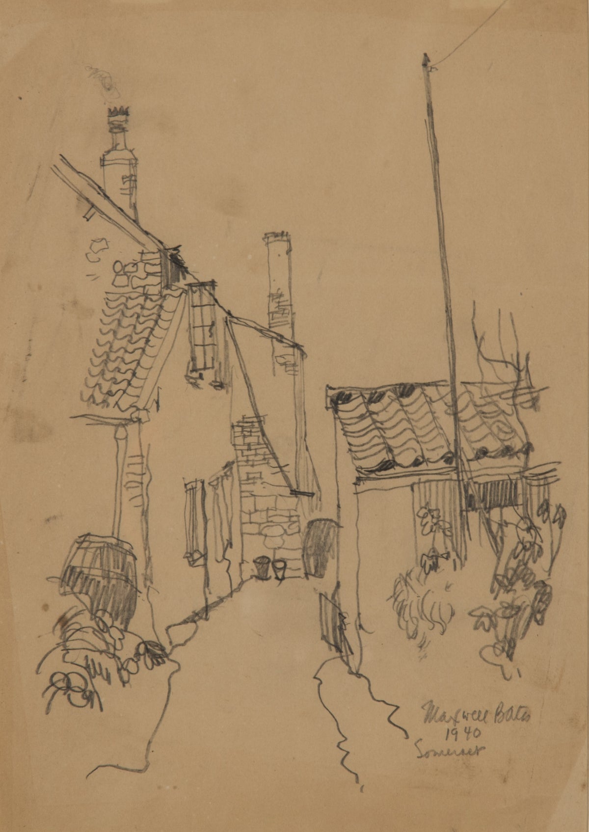 Maxwell Bennett Bates, Somerset, 1940. Black and white line drawing of road with houses on the side.