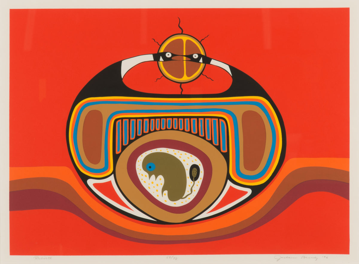 Jackson Beardy, Rebirth, 1976. Two birds, coming together, to create a circular composition with a small creature inside against a bright red background.