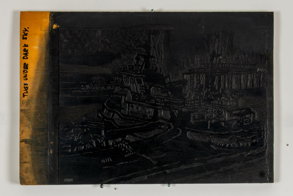 Alistair Bell, Tugs Under Dark Sky Block, 1987. Northern Deep Sea Tug block 1/2 on other side (BELL-AA011.1).