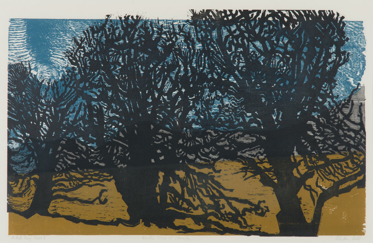 Alistair Bell, Winter Trees at Steveston, 1979. Abstract depiction of trees in blakc against a blue sky and light brown ground.