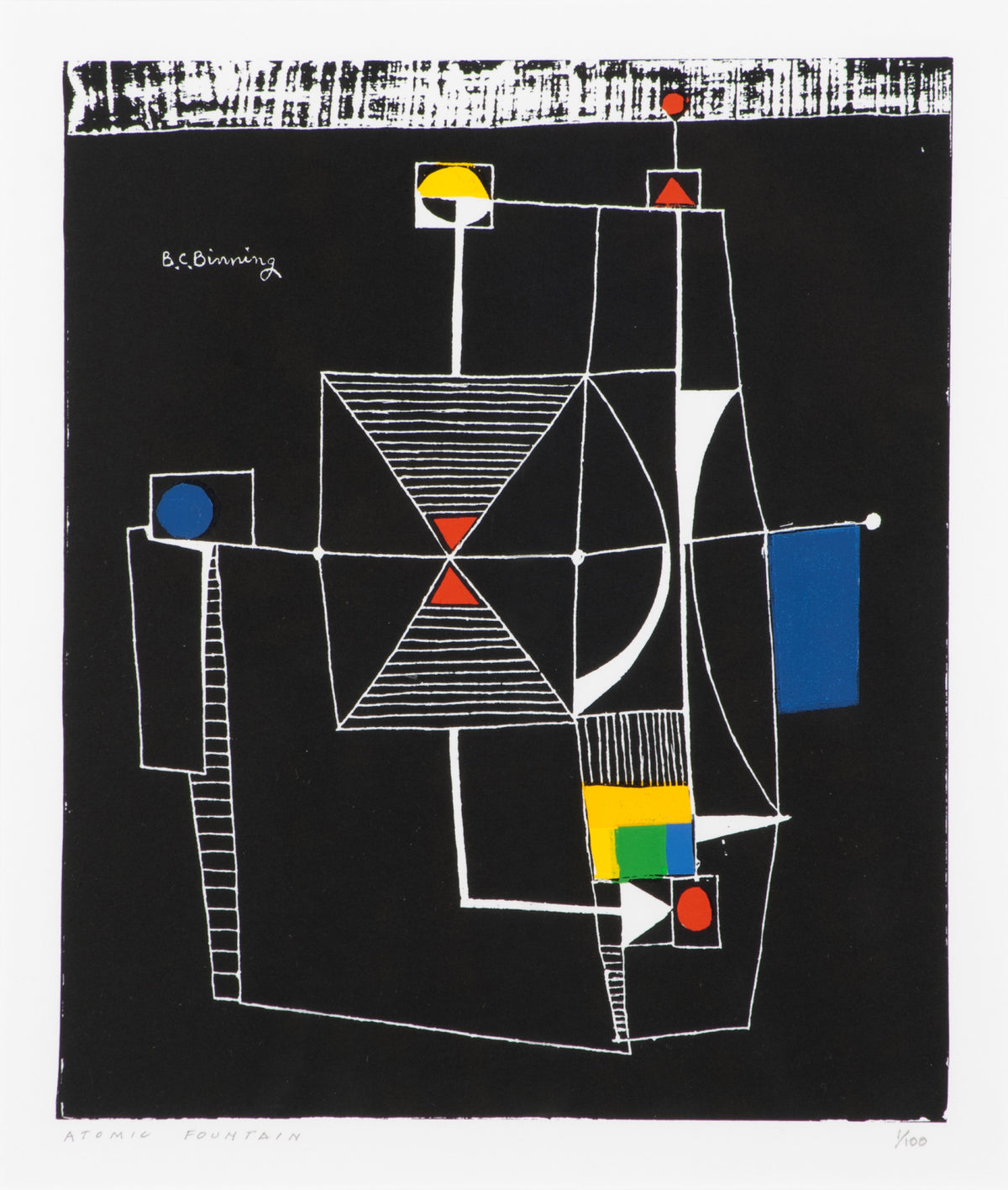 B.C. Binning, Atomic Fountain, 1993. A series of abstract shapes (rectangle, circle) in white against a black background with occasional pops of colour (yellow, red, purple, green).