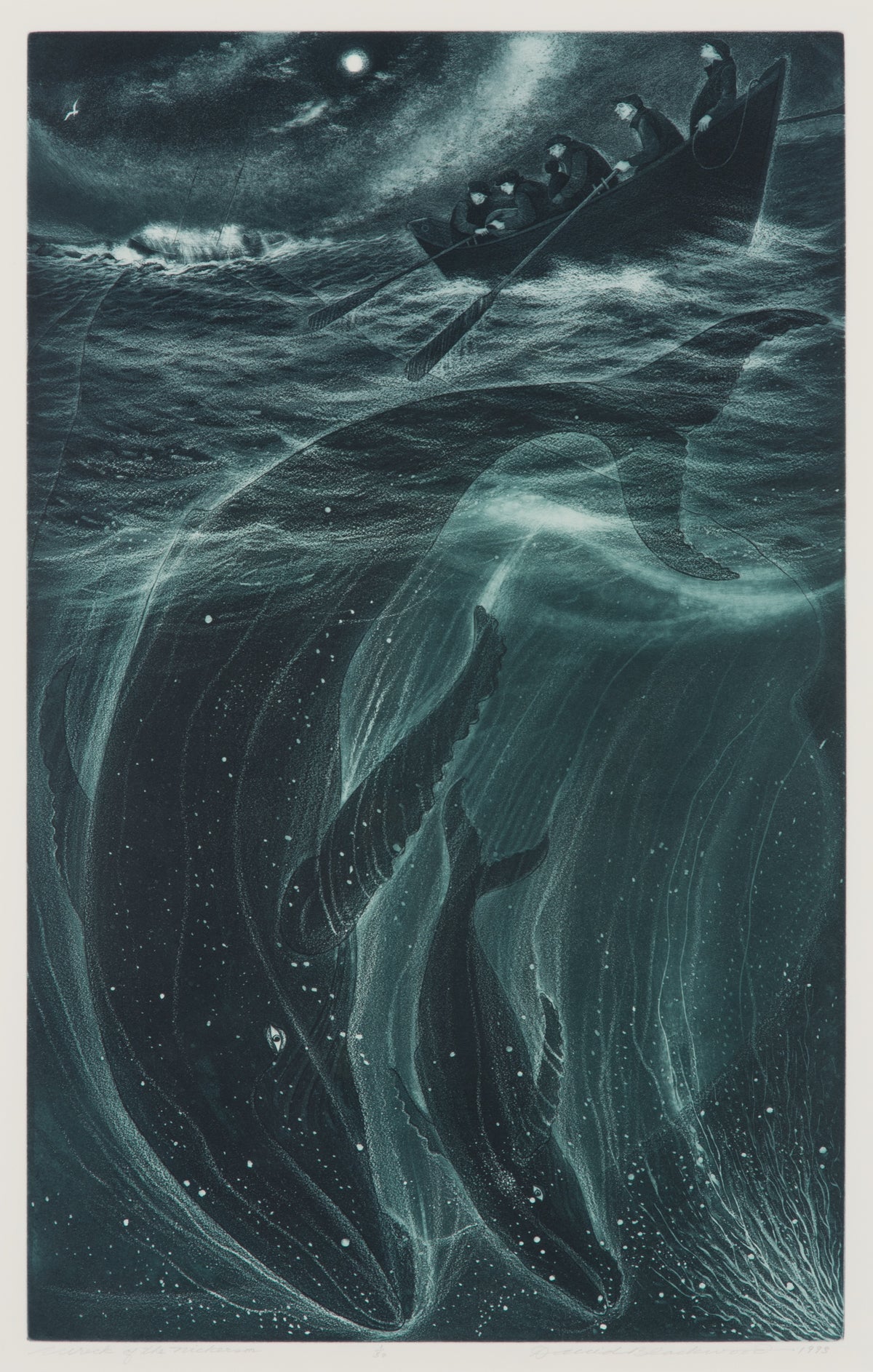David Blackwood, Wreck Of The Nickerson, 1993. Two whales underwater with a small boat of sailors on the surface with a sinking ship in the background against a moonlit sky.
