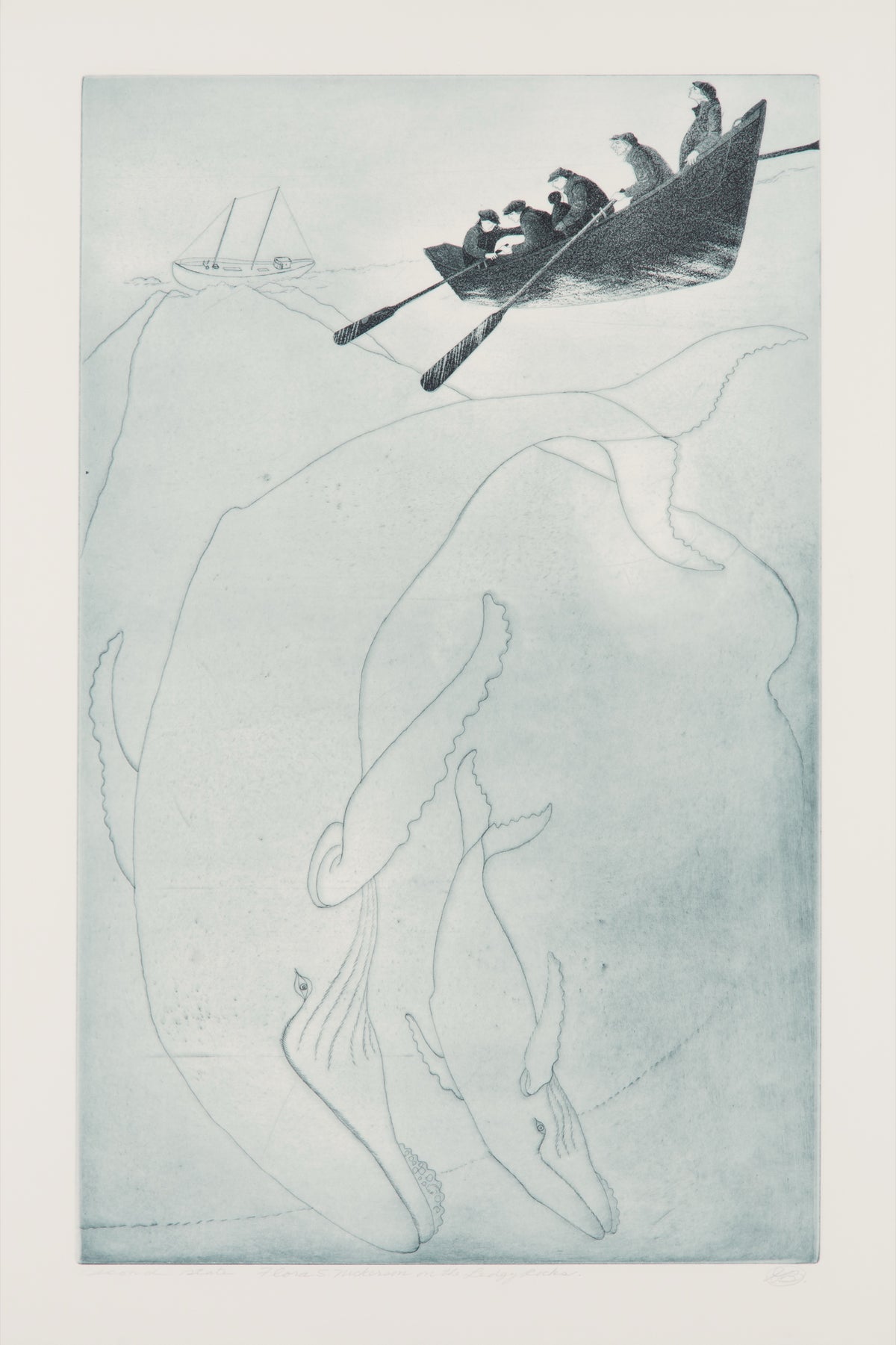 David Blackwood, Flora S. Nickerson on Ledgy Rocks (W/P 2), 1993. Two whales underwater with a small boat of sailors on the surface with a sinking ship in the background against a moonlit sky.