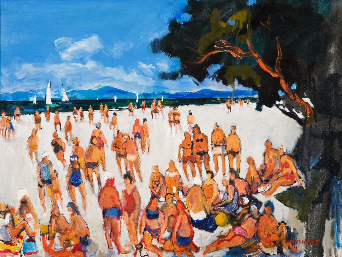 Molly Lamb Bobak, Northern Beach (BC), 1991. People enjoying the beach on a clear day with blue sky,.