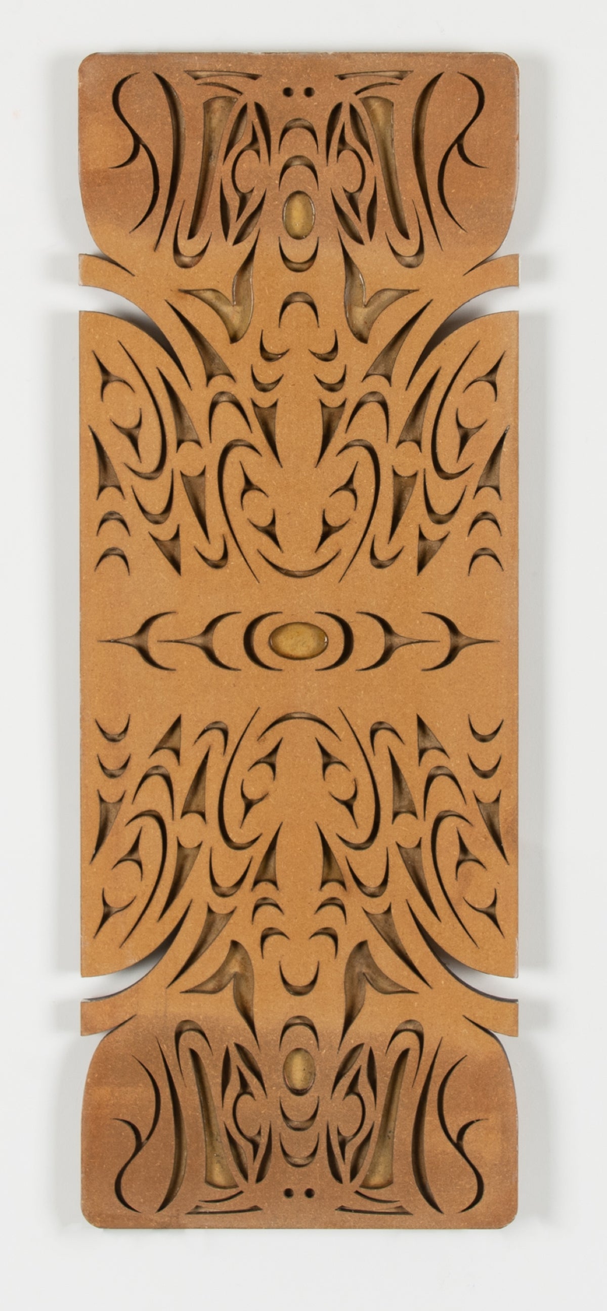 Lauren Brevner and James Harry, Sínulhkay (Block), 2025. Laser cut MDF board used for the embossment of 'Sínulhkay' edition.