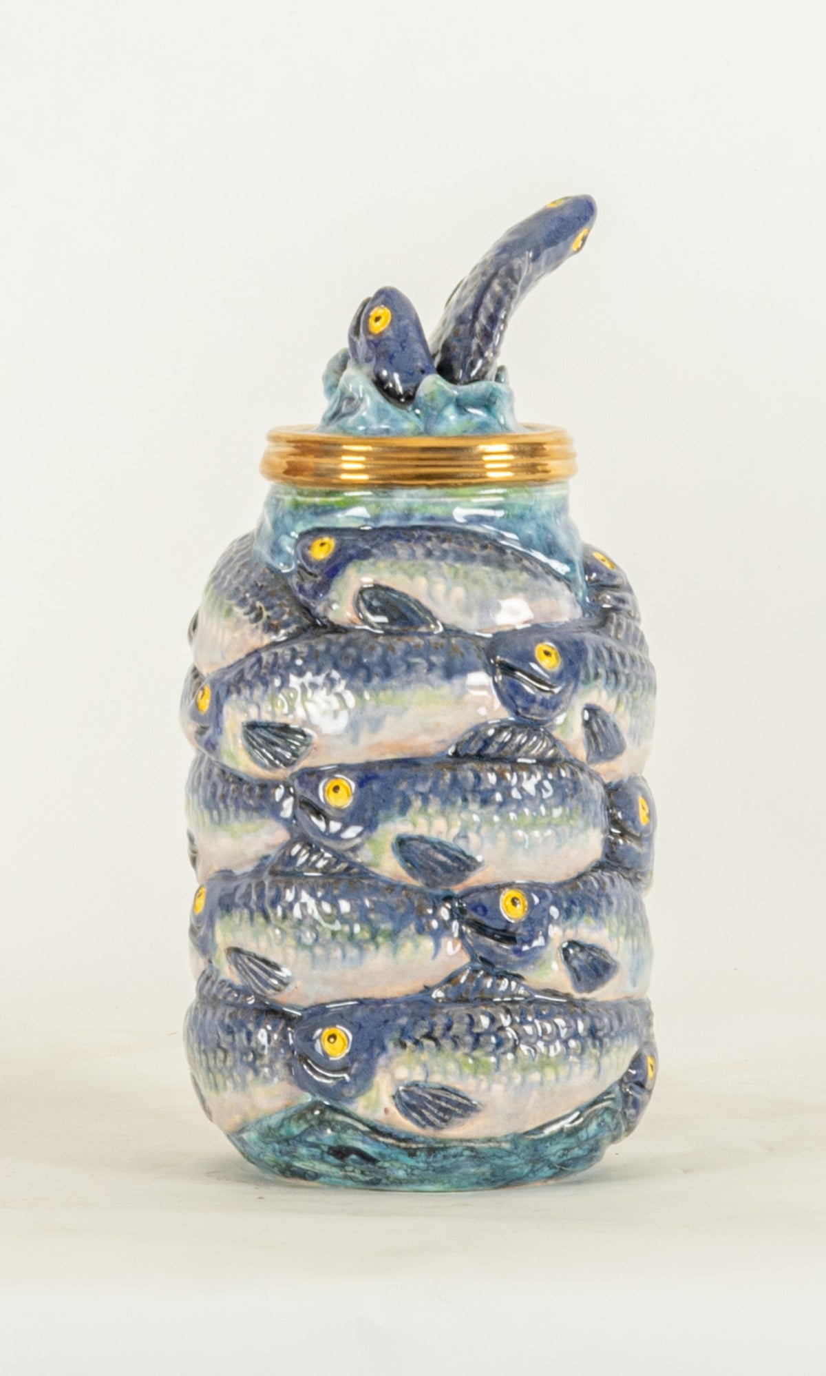 Victor Cicansky, Game Preserve, the Ones That Got Away, 2010. A ceramic jar covered by fishes with fishes on the lid. View 1 of 2.