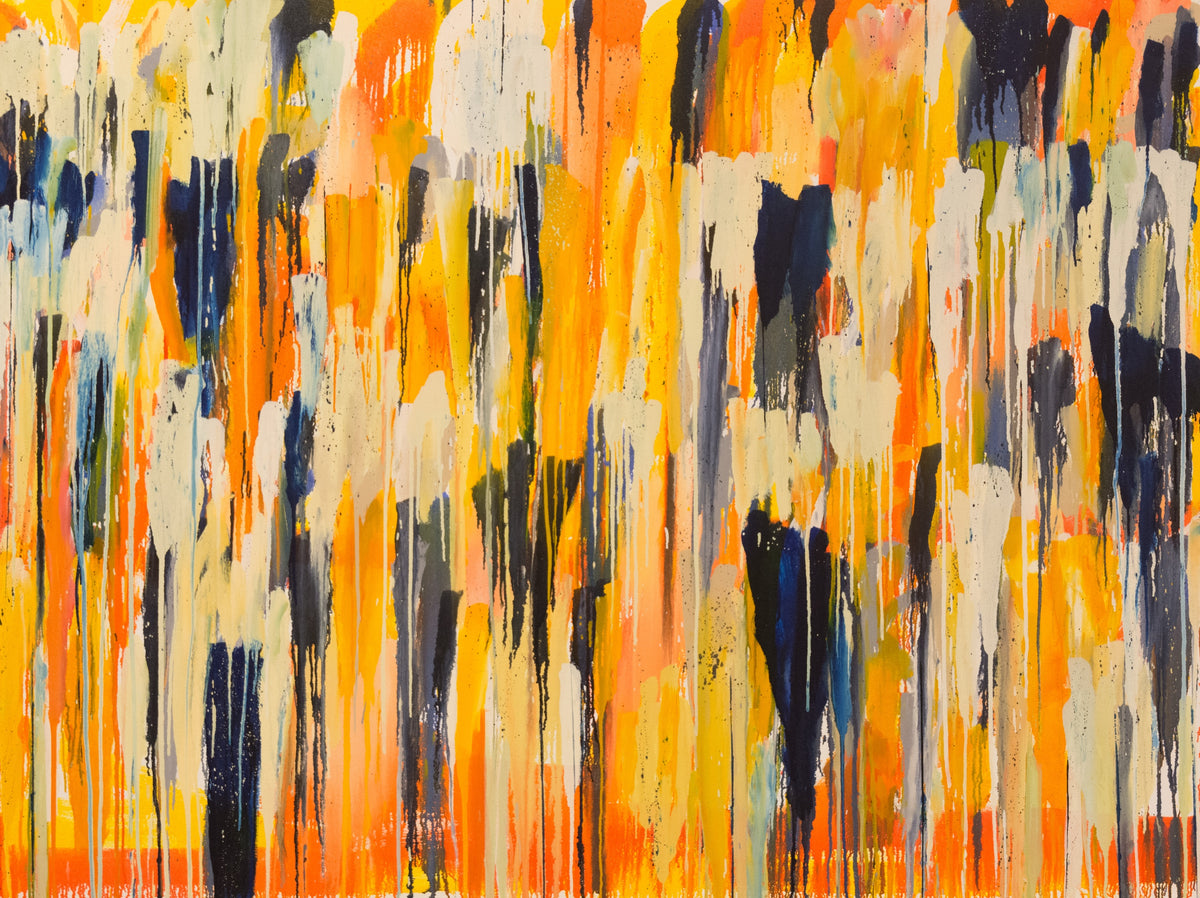 Pierre Coupey, Untitled XXI, 2016. Abstract vertical splashes varying colours (yellow, orange, dark blue, grey) against a white background.
