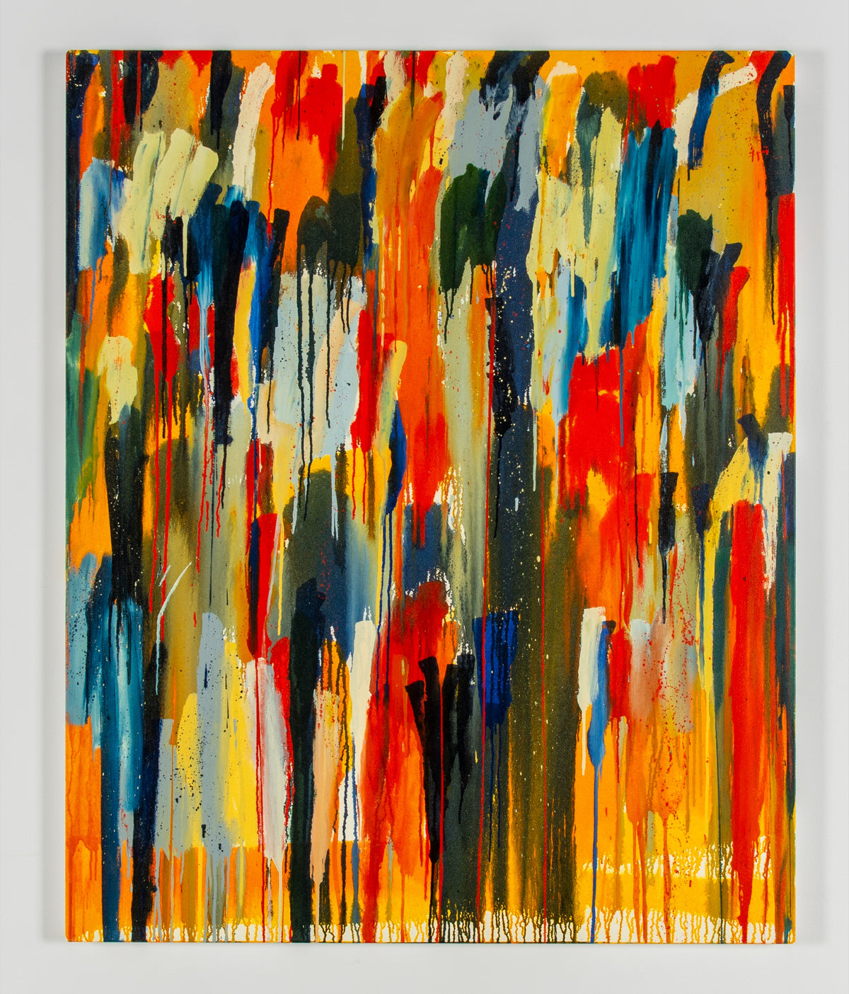 Pierre Coupey, Untitled XXIII, 2016. Abstract vertical splashes varying colours (yellow, orange, red, dark blue, green) against a white background.