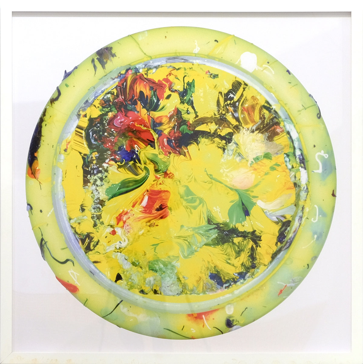 Douglas Coupland, Planet #3 (Yellow), 2002. Image of yellow circular object with multicoloured swirls inside. View 1 of 2.