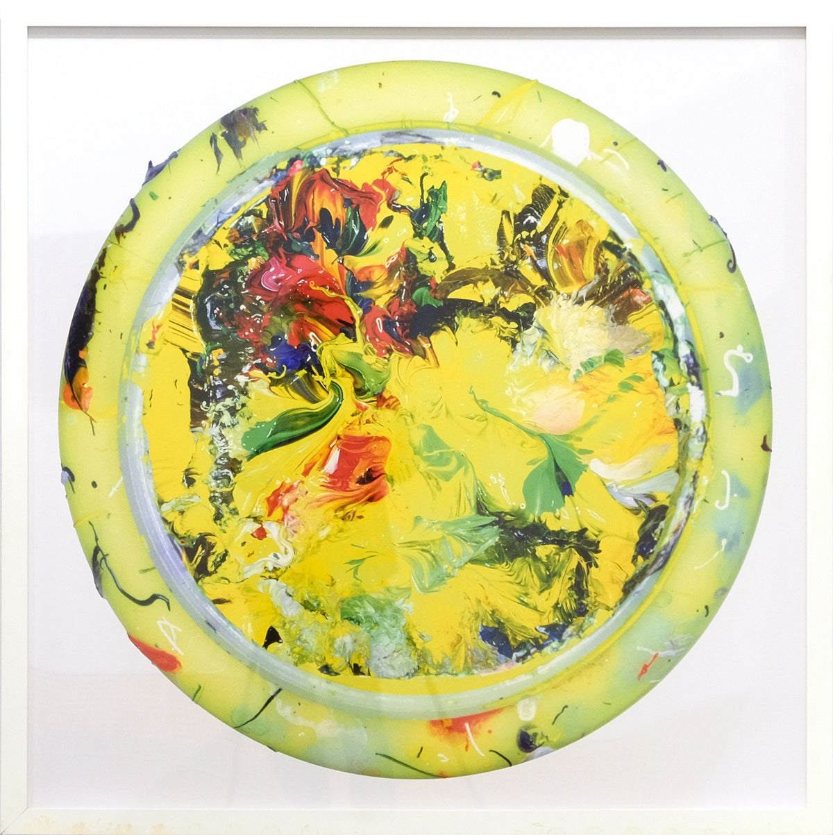 Douglas Coupland, Planet #3 (Yellow), 2002. Image of yellow circular object with multicoloured swirls inside. View 2 of 2.