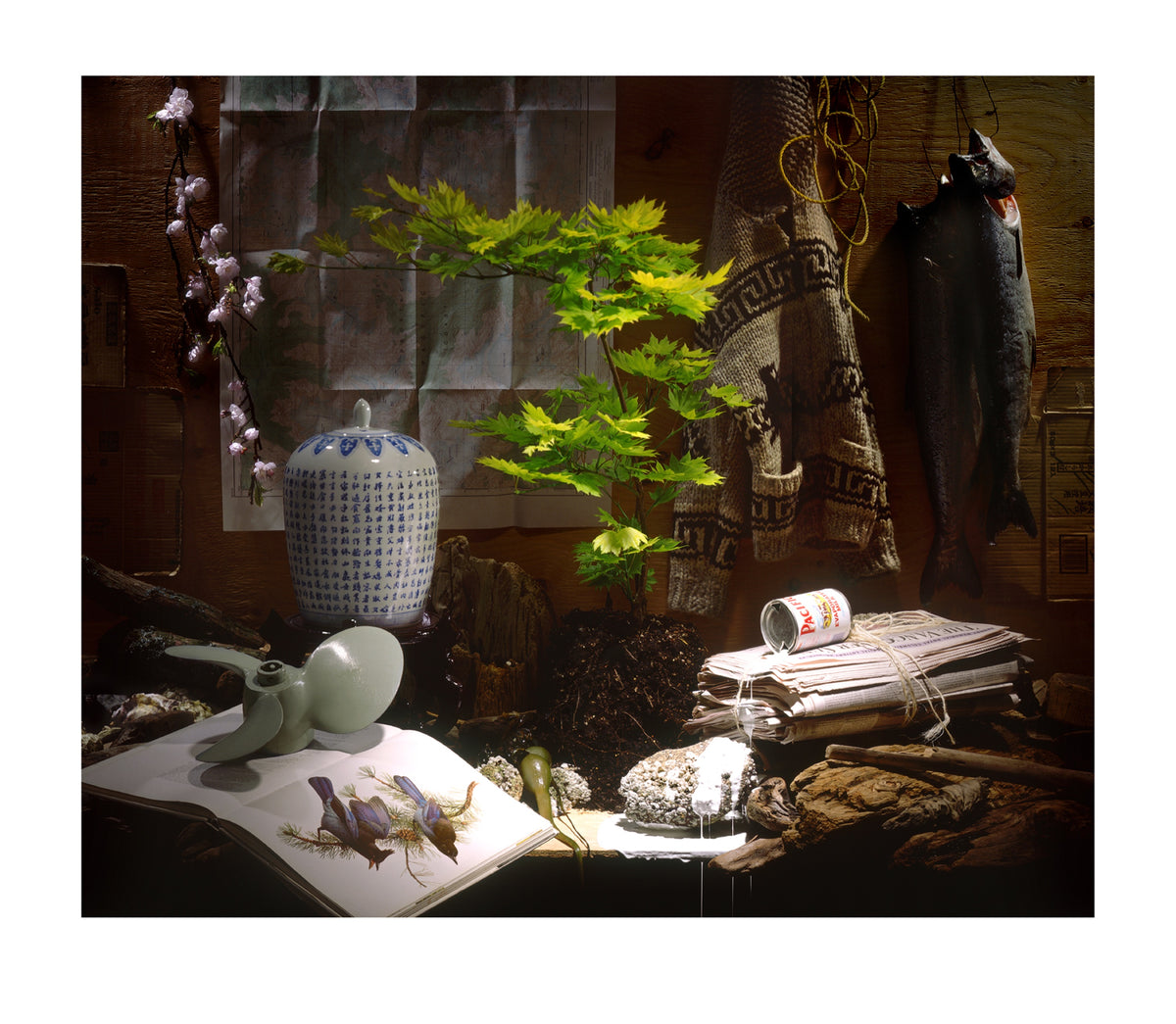 Douglas Coupland, West Coast, 2002. A still-life photograph of a variety of items (vase, book, newspaper, plants, etc.) against a wooden wall.