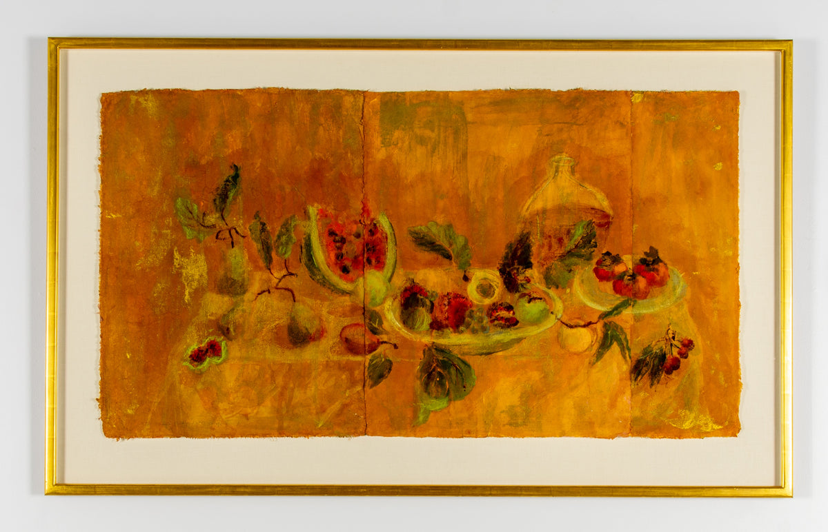 Jamie Evrard, Still Life with Glass Carafe, 2003. Still-life of a variety of fruits and vegetables with one glass vase against a sienna background.