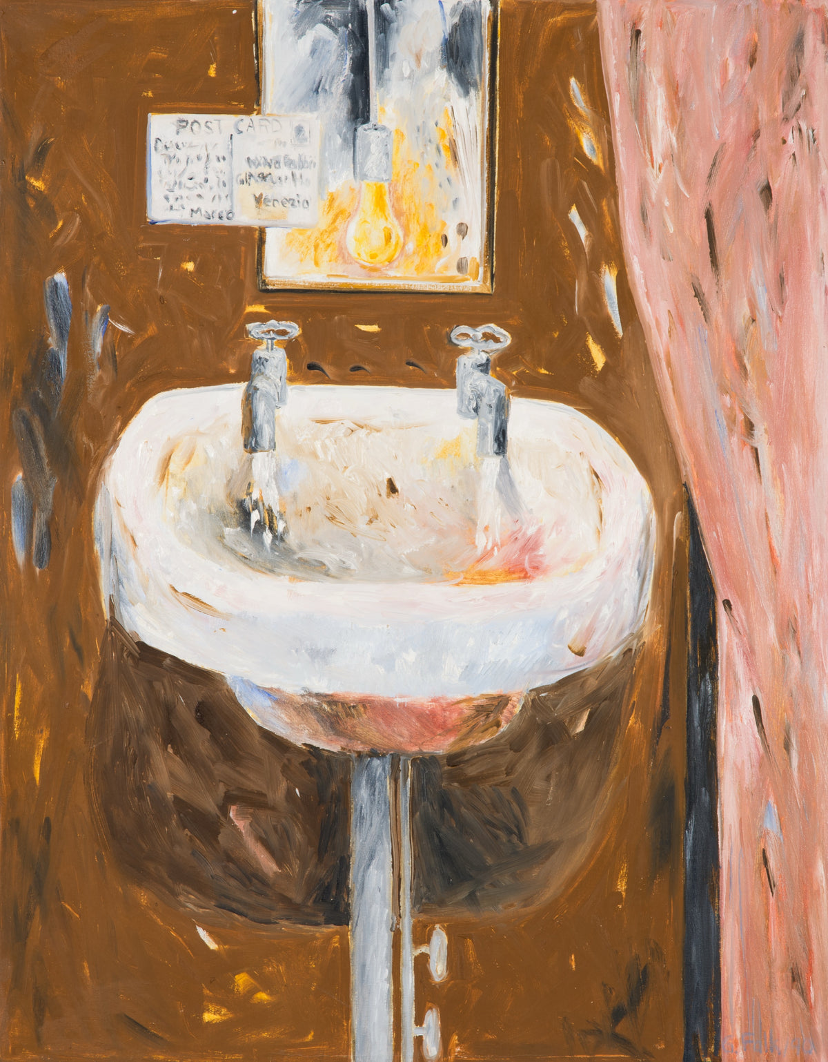 Gathie Falk, Venice Sinks with Postcard from Marco Polo #1, 1991. Abstract image of a sink, mirror and one postcard against an brown wall with a pink abstract shape on the right side. View 1 of 2.