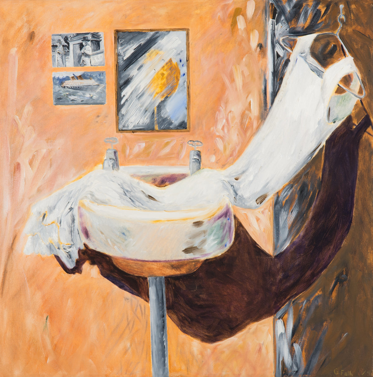 Gathie Falk, Venice Sinks with Postcard from Marco Polo #20, 1991. Abstract image of a sink, mirror and two postcards against an orange wall with flowers on the right side against a grey background. View 1 of 2.