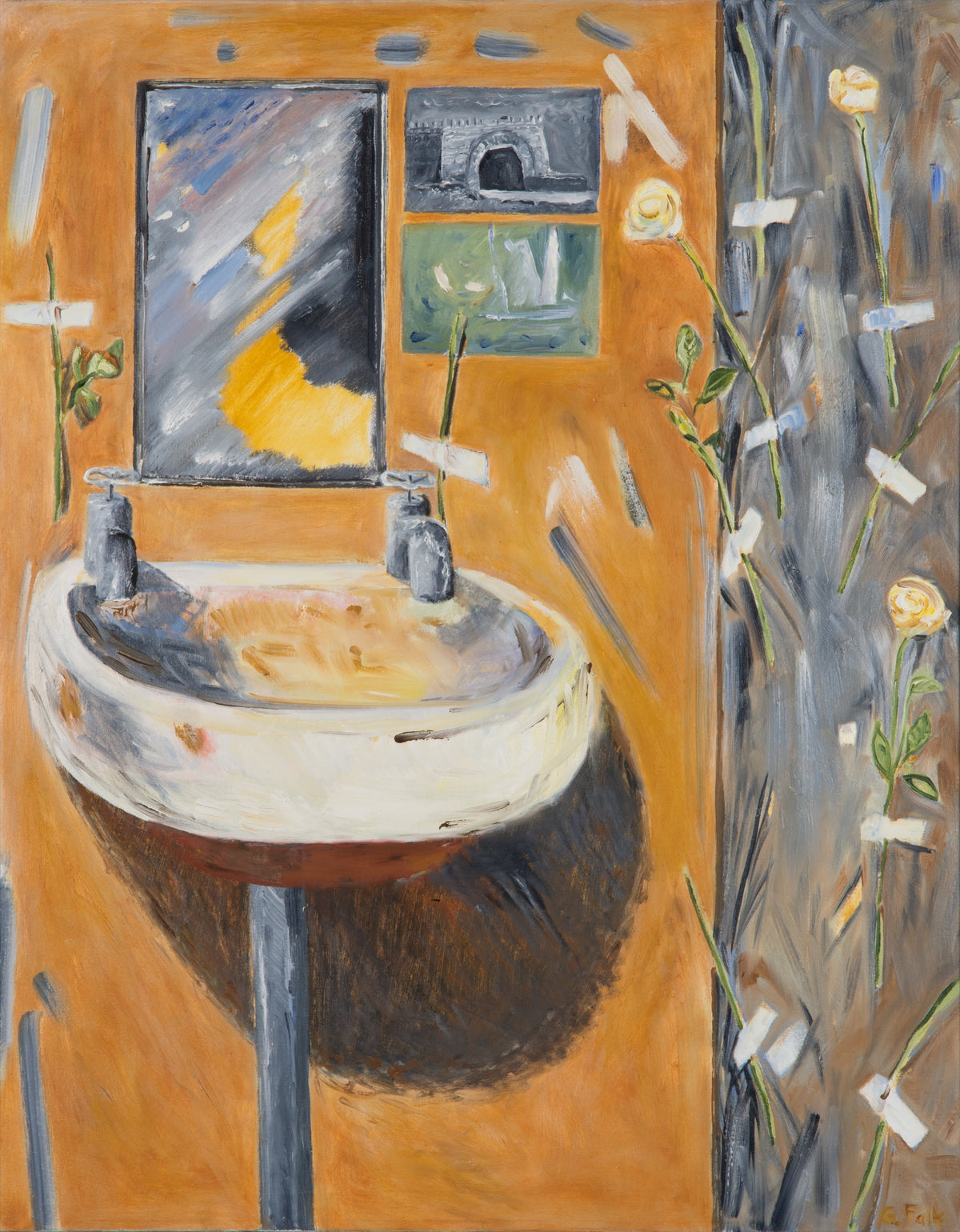 Gathie Falk, Venice Sinks with Postcard from Marco Polo #27, 1991. Abstract image of a sink, mirror and one postcard against an brown wall with a pink abstract shape on the right side. View 2 of 2.