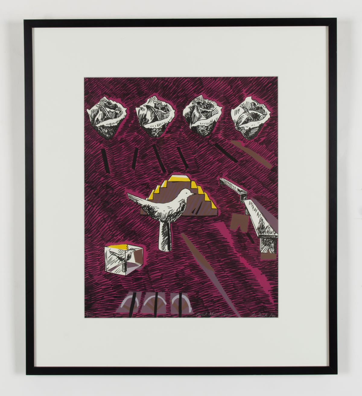 Gathie Falk, North Shore Roses, 1992. Abstract black and white drawings of two birds (center, bottom left), a bench (left of center bird), and a series of four roses (top) against a purple background.