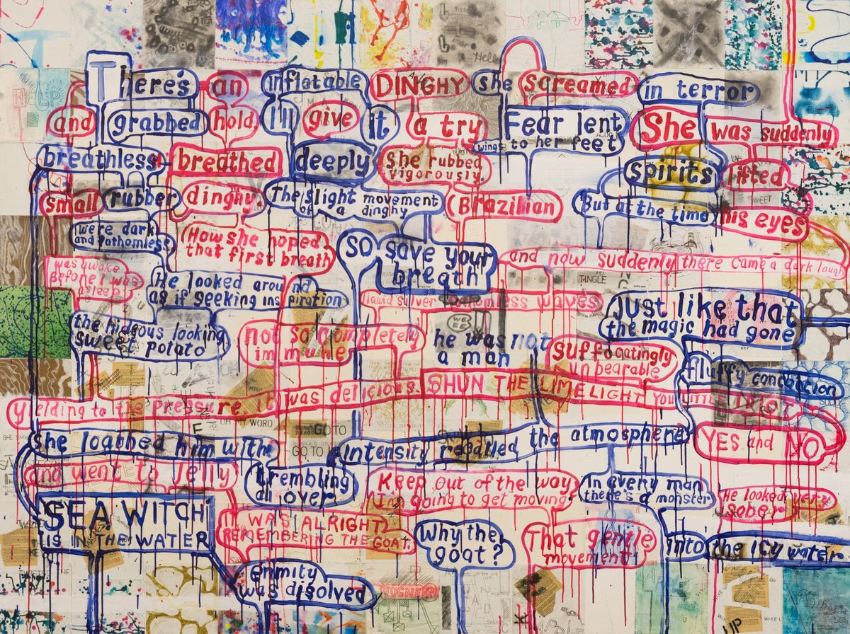 Graham Gillmore, Harlequin, 2003. Mixed media painting with multiple and overlapping speech bubbles with a collage background.