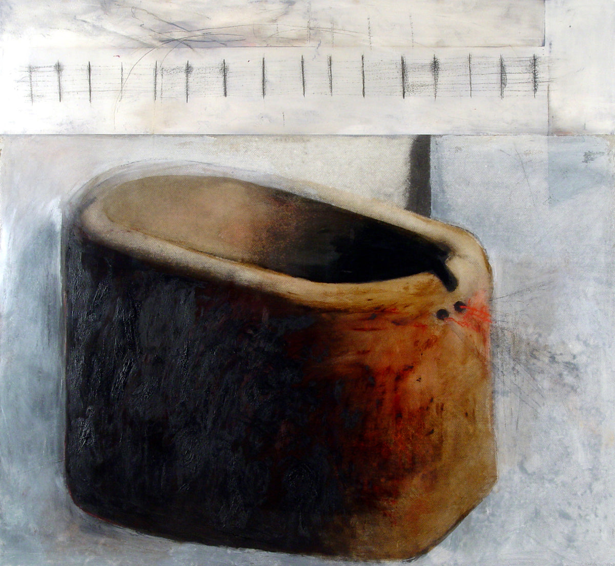Betty Goodwin, la memoire du corps XII, 1992. Abstract object with red substance spilling out against grey background with straight lines above.