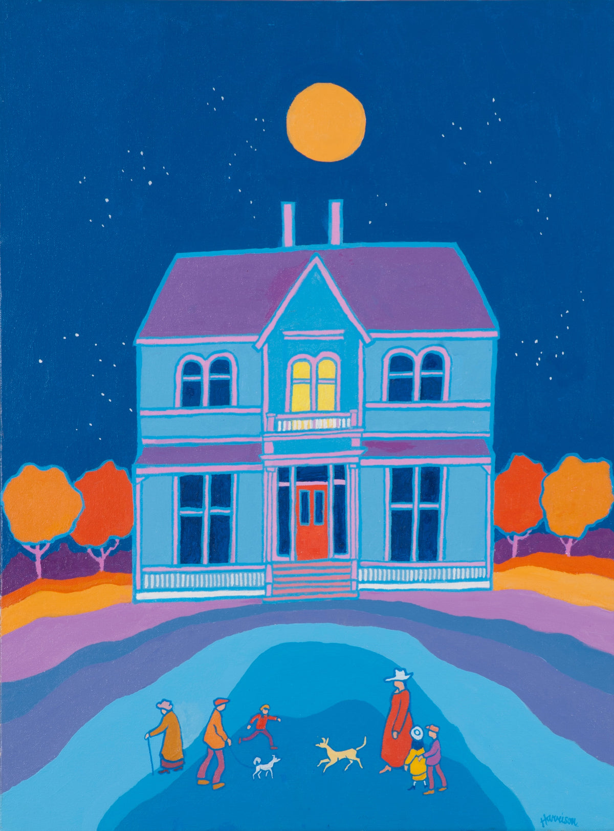 Ted Harrison, Emily's Place, 2003. Vertical acrylic painting of a house with a full moon on a dark blue background with orange trees on the sides and people and creatures in front of the house.
