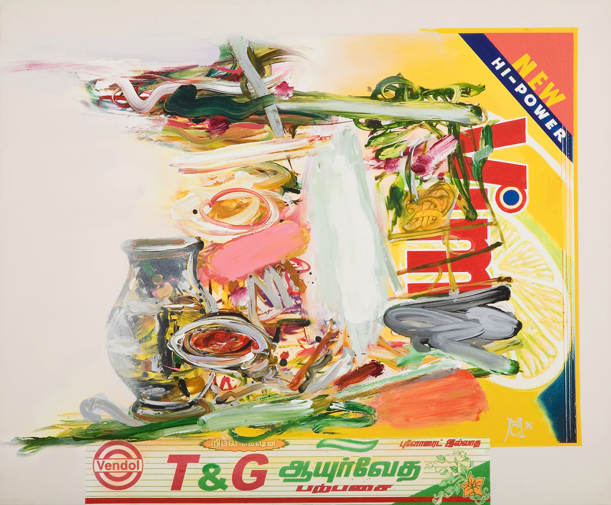J. Carl Heywood, New Hi-Power, 2010. Abstract paint strokes on top of what appears to be an advertisement for New Hi-Power.