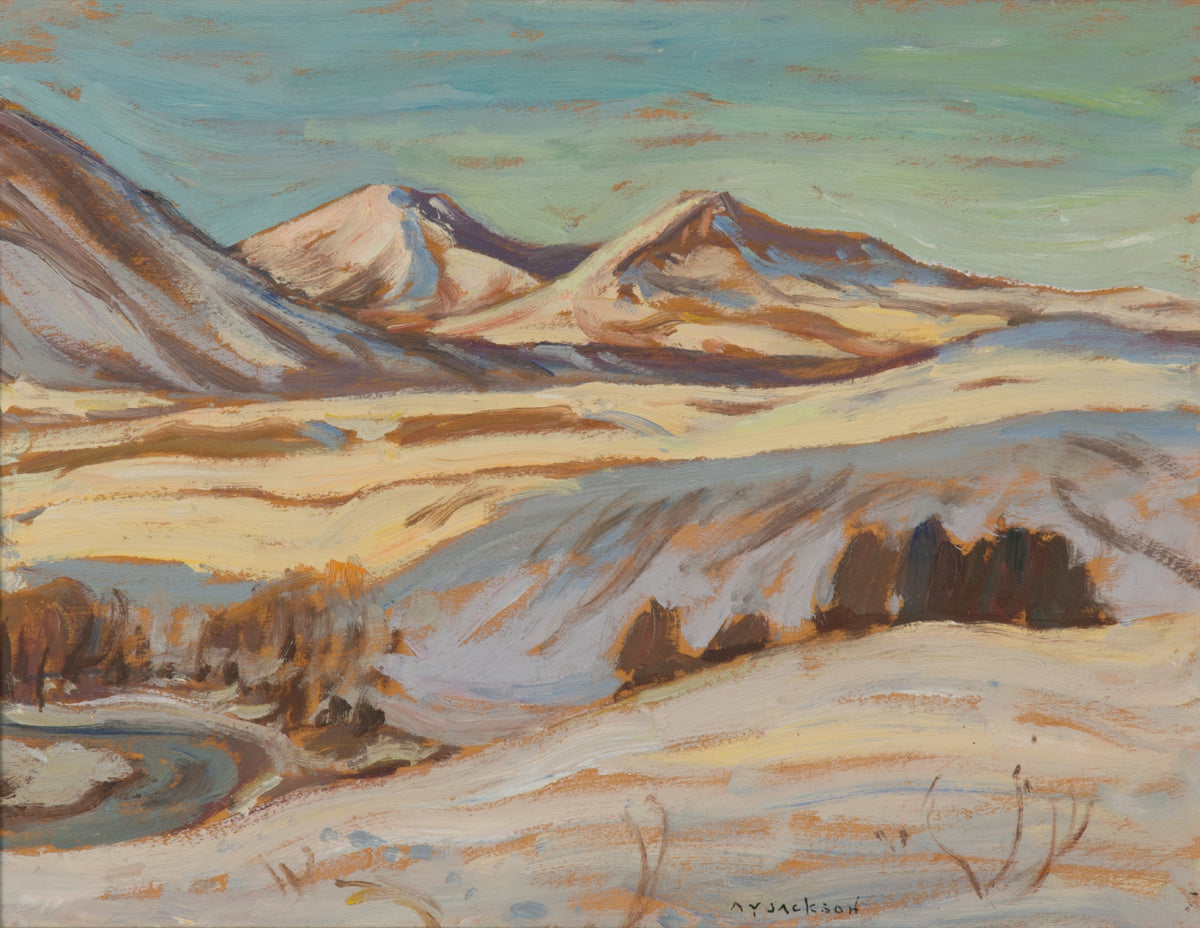 A.Y. Jackson, Mountains at Waterton, Alberta, October 1957. Landscape painting of two snowy mountains during winter.