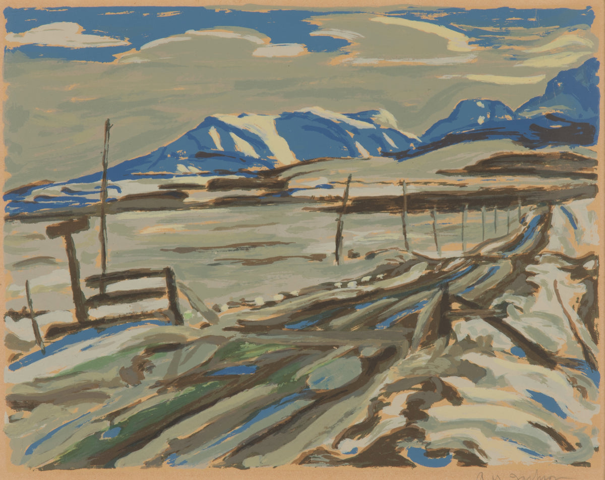 A.Y. Jackson, Waterston Lane. Landscape painting of a winter landscape covered in snow with the road as the central figure.
