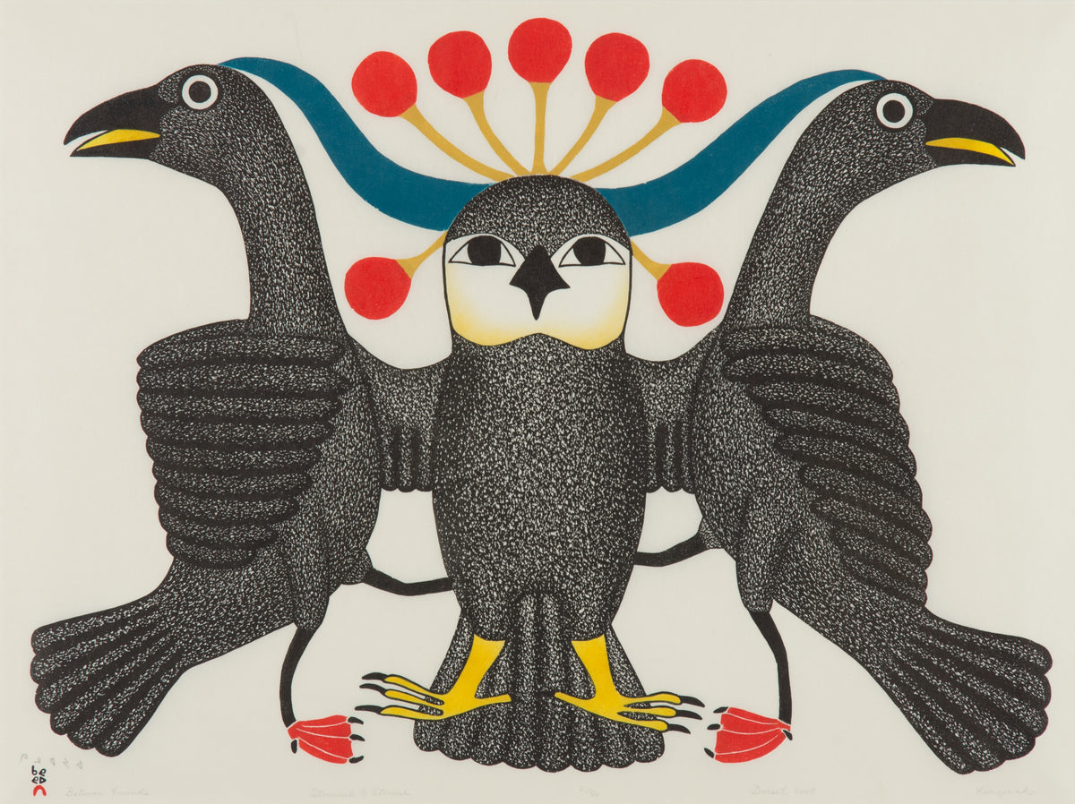 Kenojuak Ashevak, Between Friends, 2008. A depiction of an owl holding two birds, rendered in black and white with pops of colour on the owl's head and the bird's feet.