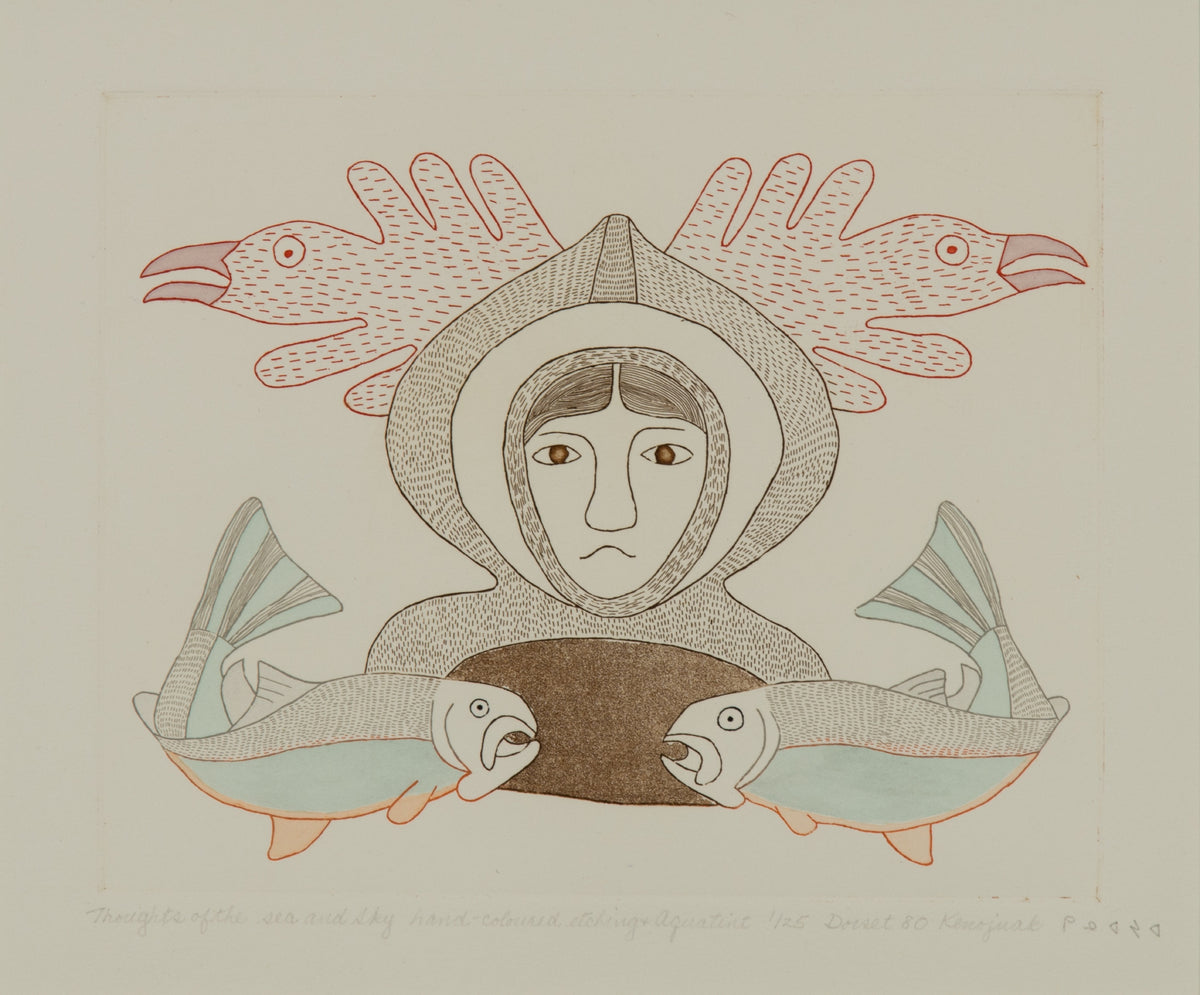 Kenojuak Ashevak, Thoughts of Sea and Sky, 1980. A person, wearing winter gear, with two fishes in front and two birds in the back.