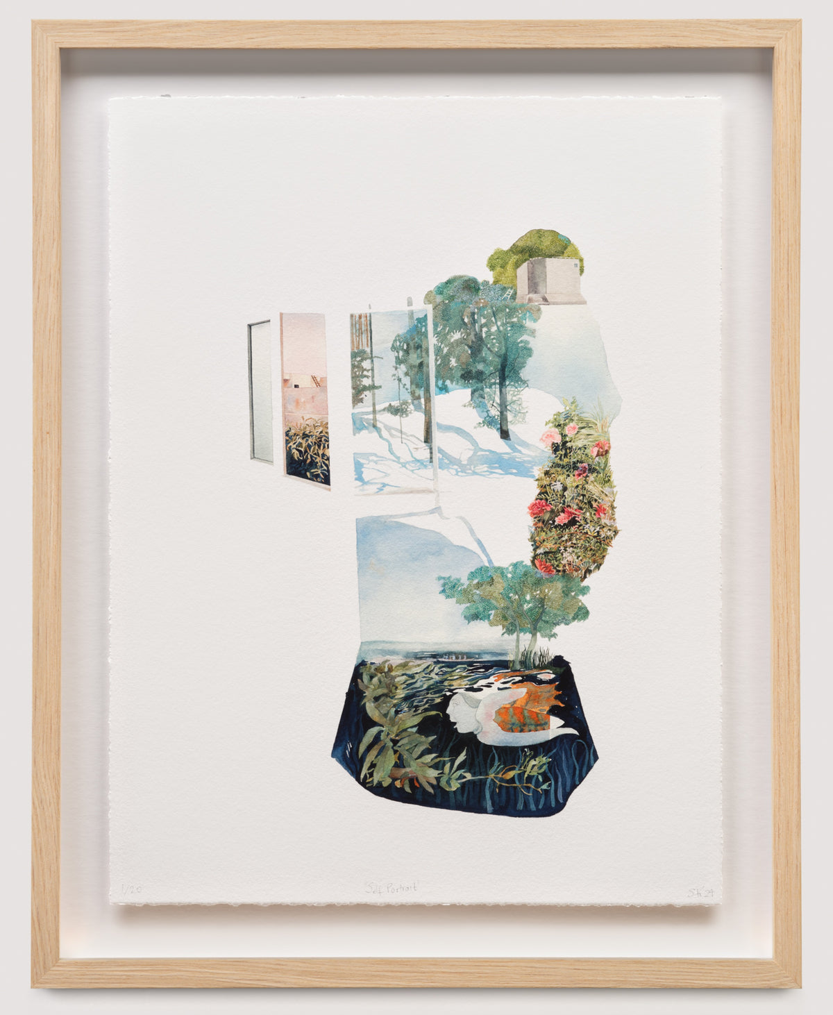 Sara Khan, Self Portrait, 2024. Abstracted composition with images of a snowy landscape with a tree and its roots extending in the underwater as well a deserted landscape with architecture in a rectangular opening.