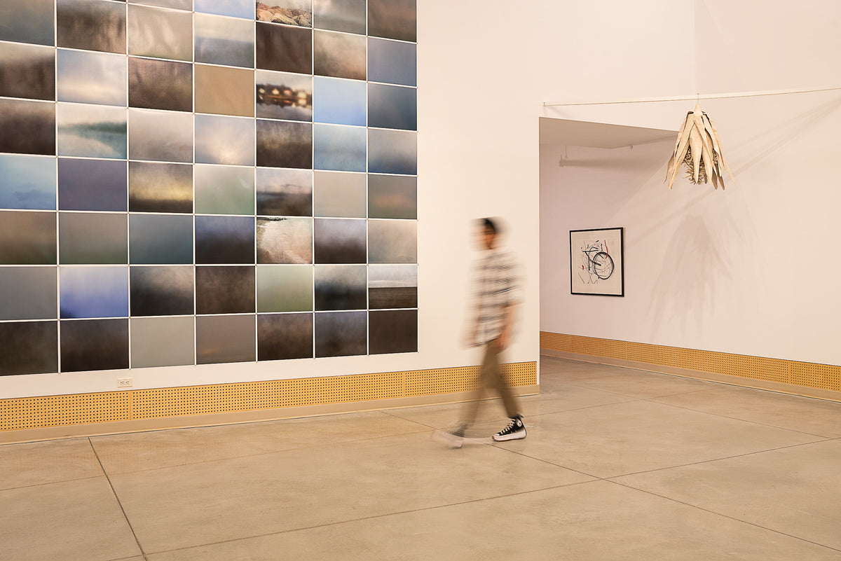 A visitor walks past a tall wall grid of blurred landscape photographs, with a hanging sculpture resembling dried leaves beyond