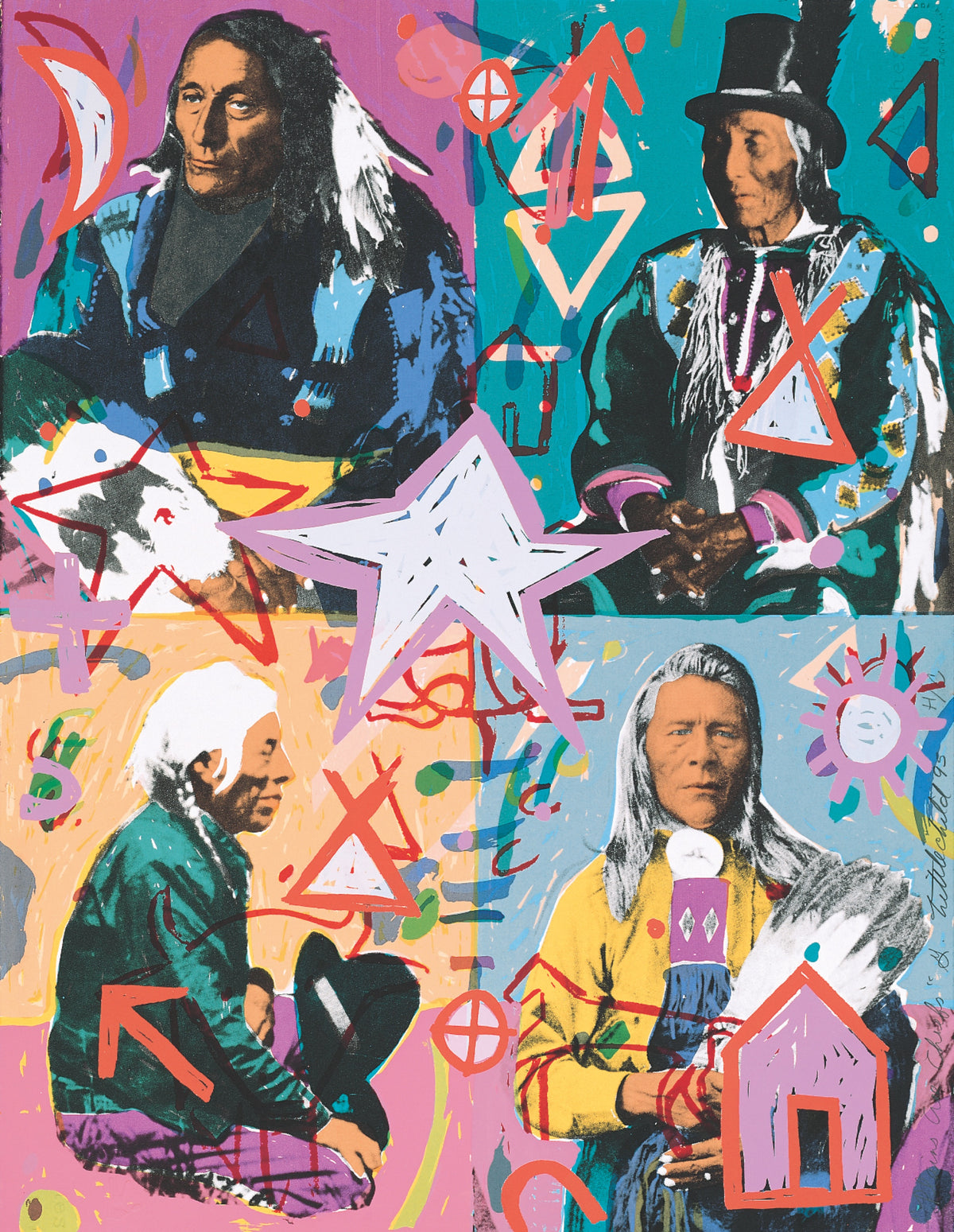 George Littlechild, Plains Cree Chiefs, 1995. Four photographs of Indigenous Chiefs divided into four squares superimposed with brightly coloured background and graphics.