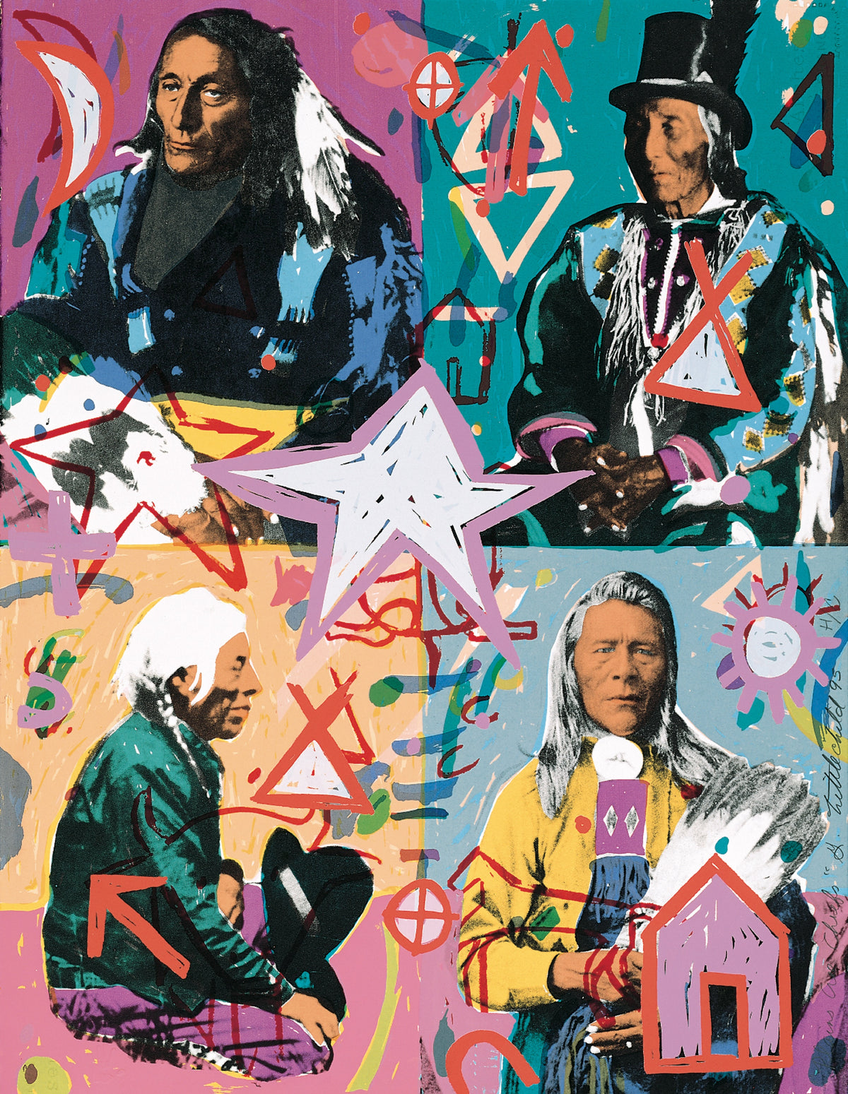 George Littlechild, Plains Cree Chiefs (Working Drawing), 1995. Four photographs of indigenous divided into four squares superimposed with brightly coloured background and graphics.