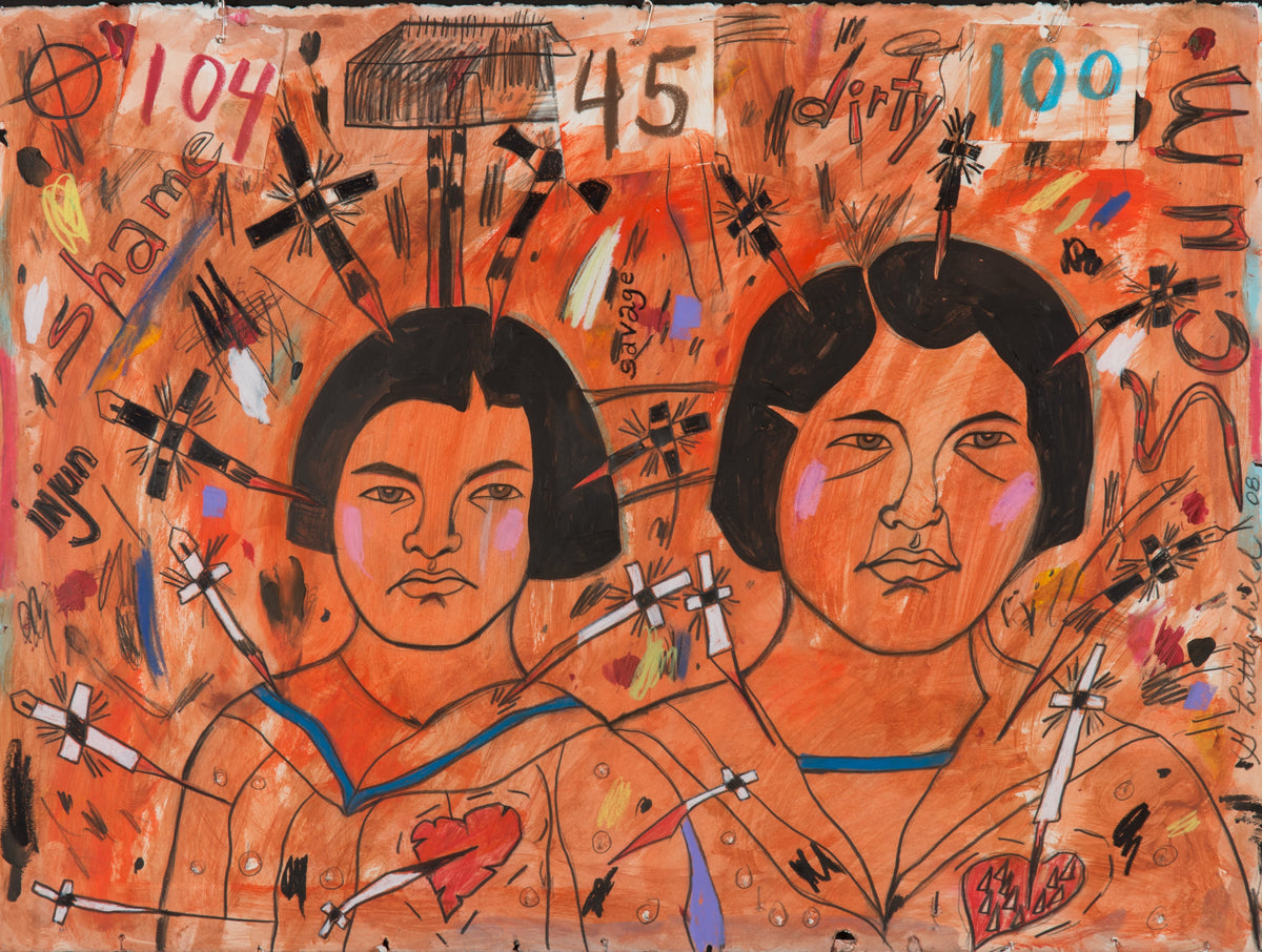 George Littlechild, Numbered, Each and Every One, 2008. Two individuals with an angry expression on their faces, with arrows pierced into their bodies and are surrounded by insults as well as other objects with a house in the far back.