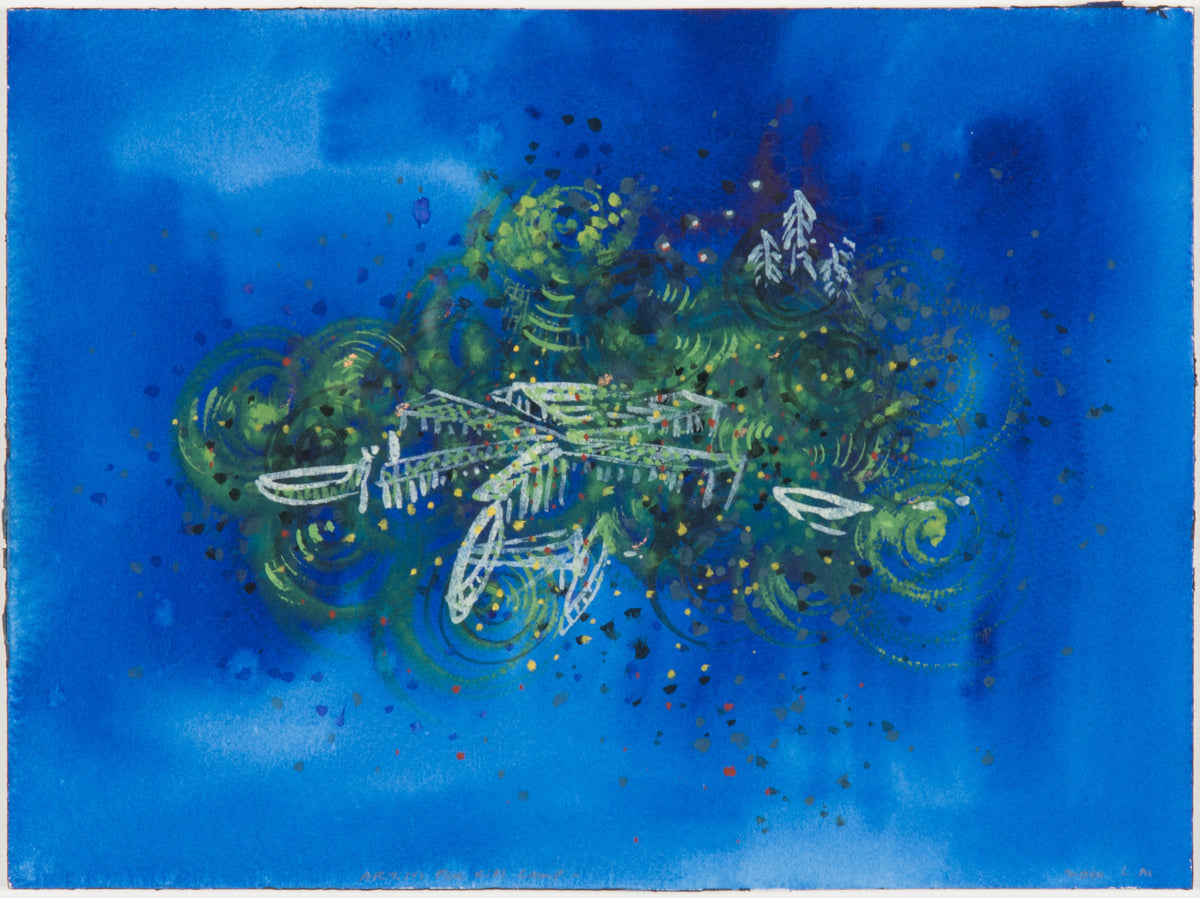 Landon MacKenzie, Artists For Kids Camp, 2000. Green abstract circular composition with white streaks against blue background.