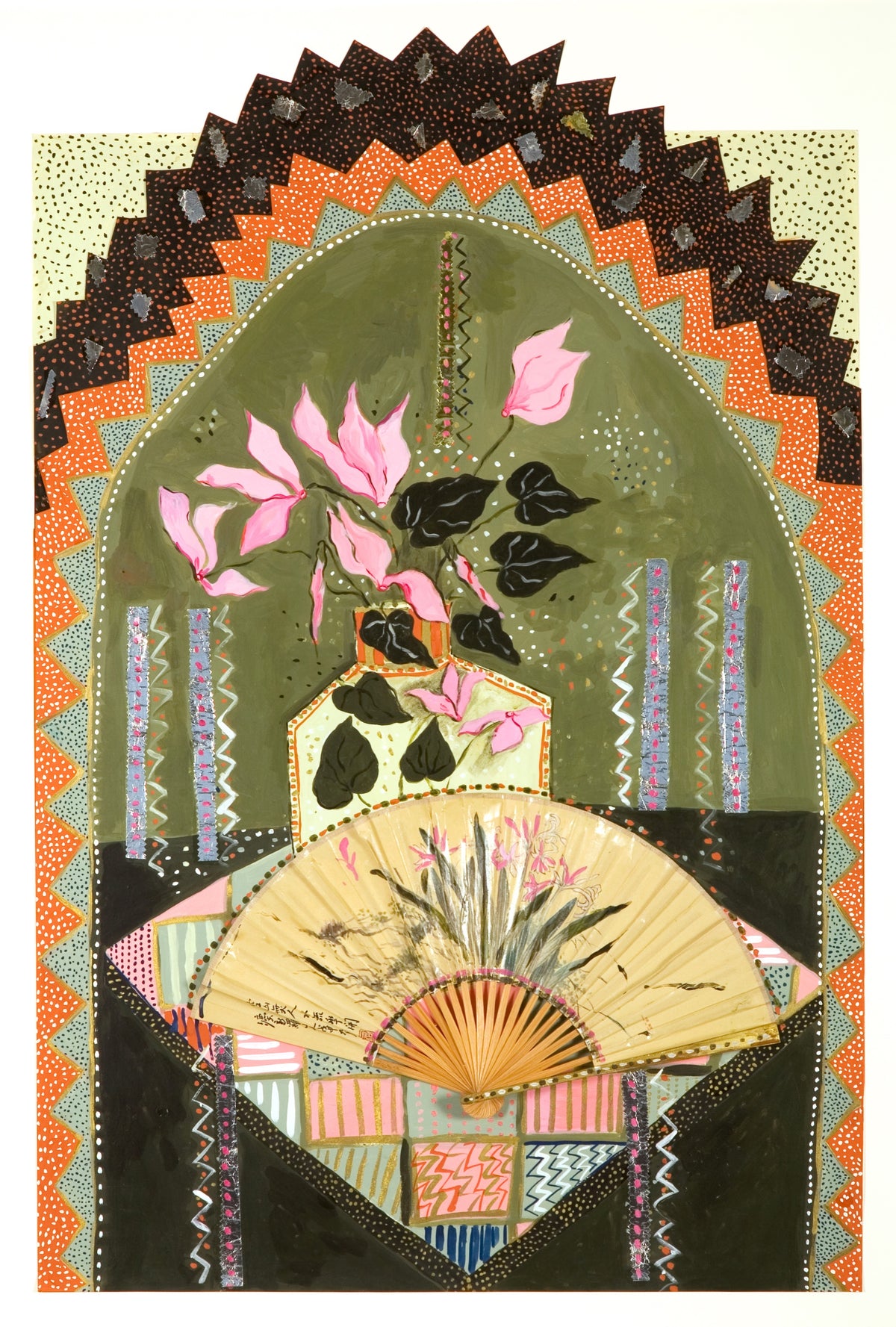 Roz Marshall, Cyclamen and Fan, 1984. A fan in front of a bouquet of flowers in the center on a carpet with abstract diamond patterns.