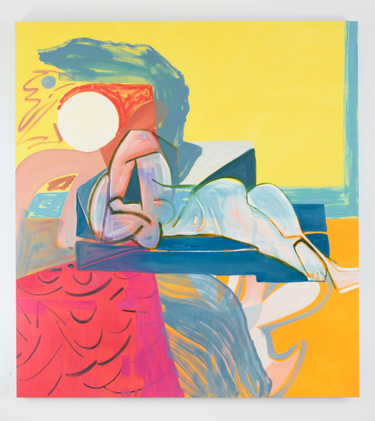 Elizabeth McIntosh, Batts Rock, 2015. Abstract female figure laying down against a colourful background of yellow, red, orange, and blue.