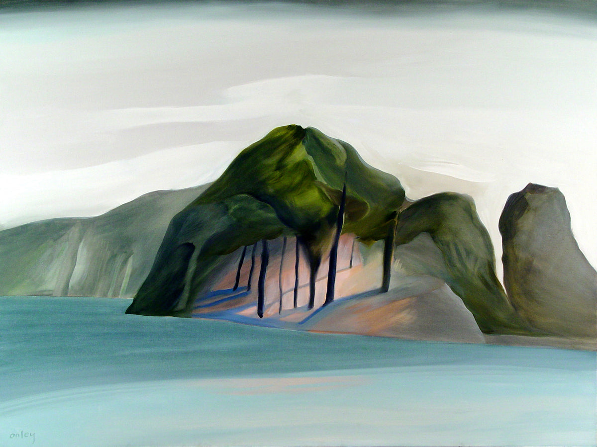 Toni Onley, Red Rock Lake, 1990. Landscape painting of greenery and mountains alongside a body of water.