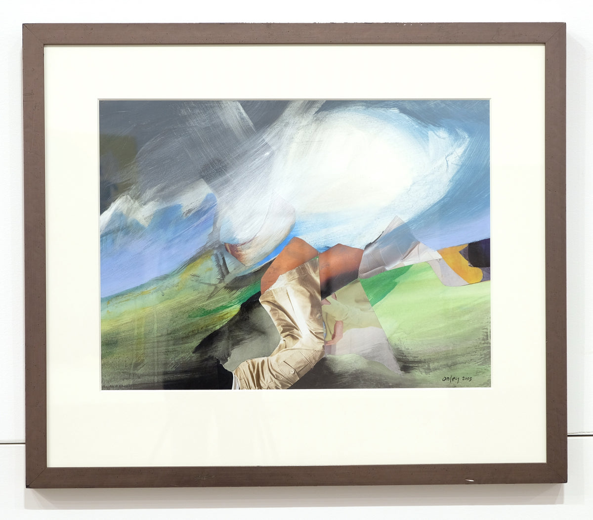 Toni Onley, Legscape, 2003. Abstracted landscape with collage elements against a blue sky.