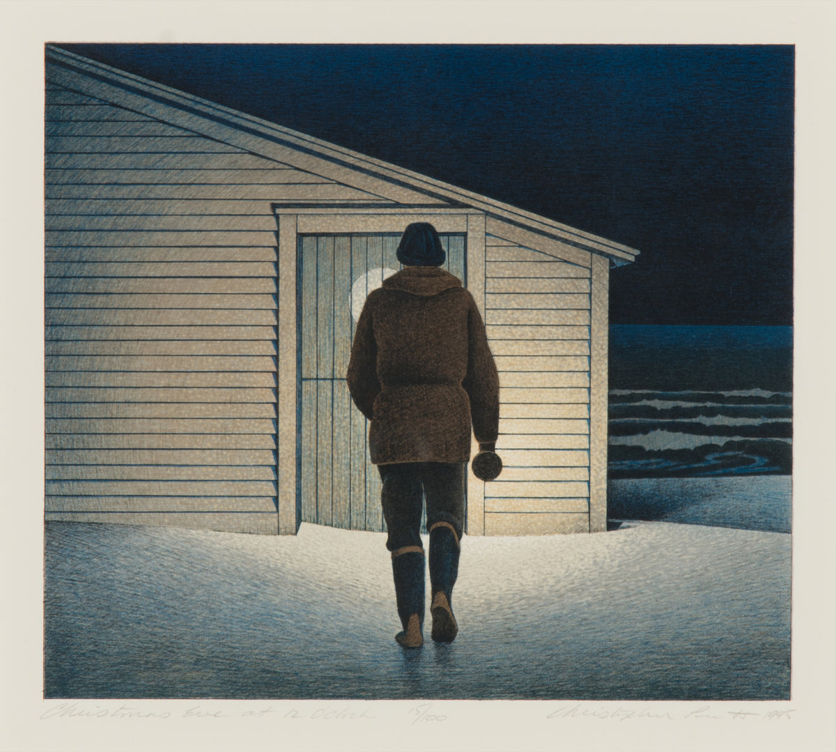 Christopher Pratt, Christmas Eve at 12 O'Clock, 1995. A man walking towards a house in the middle of winter at night.