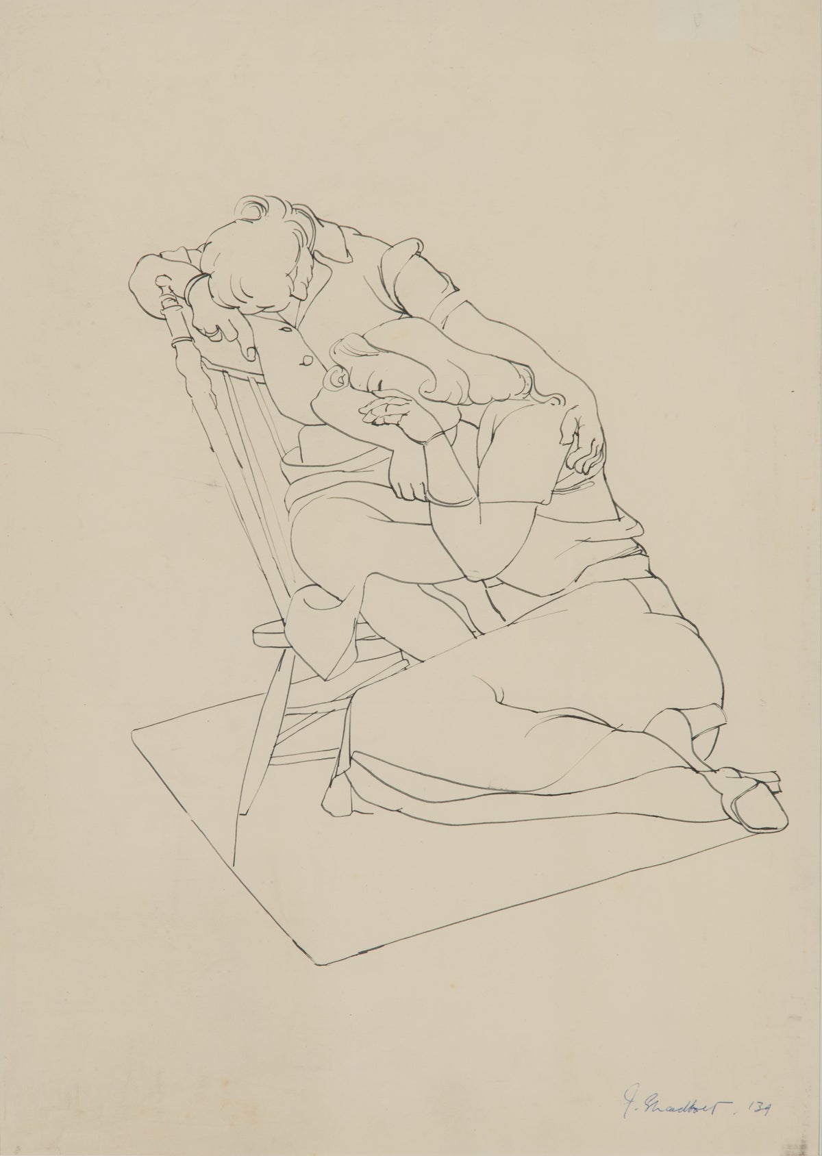 Jack Shadbolt, Two Female Figures, 1939. Line drawing of two female figures on a chair.
