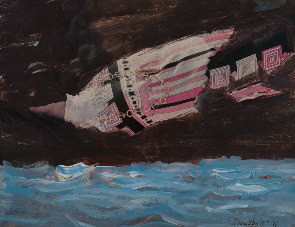 Jack Shadbolt, Night Flight, 1979. Abstract ship-like shape against a black background with a blue along the bottom of the image. View 2 of 2.